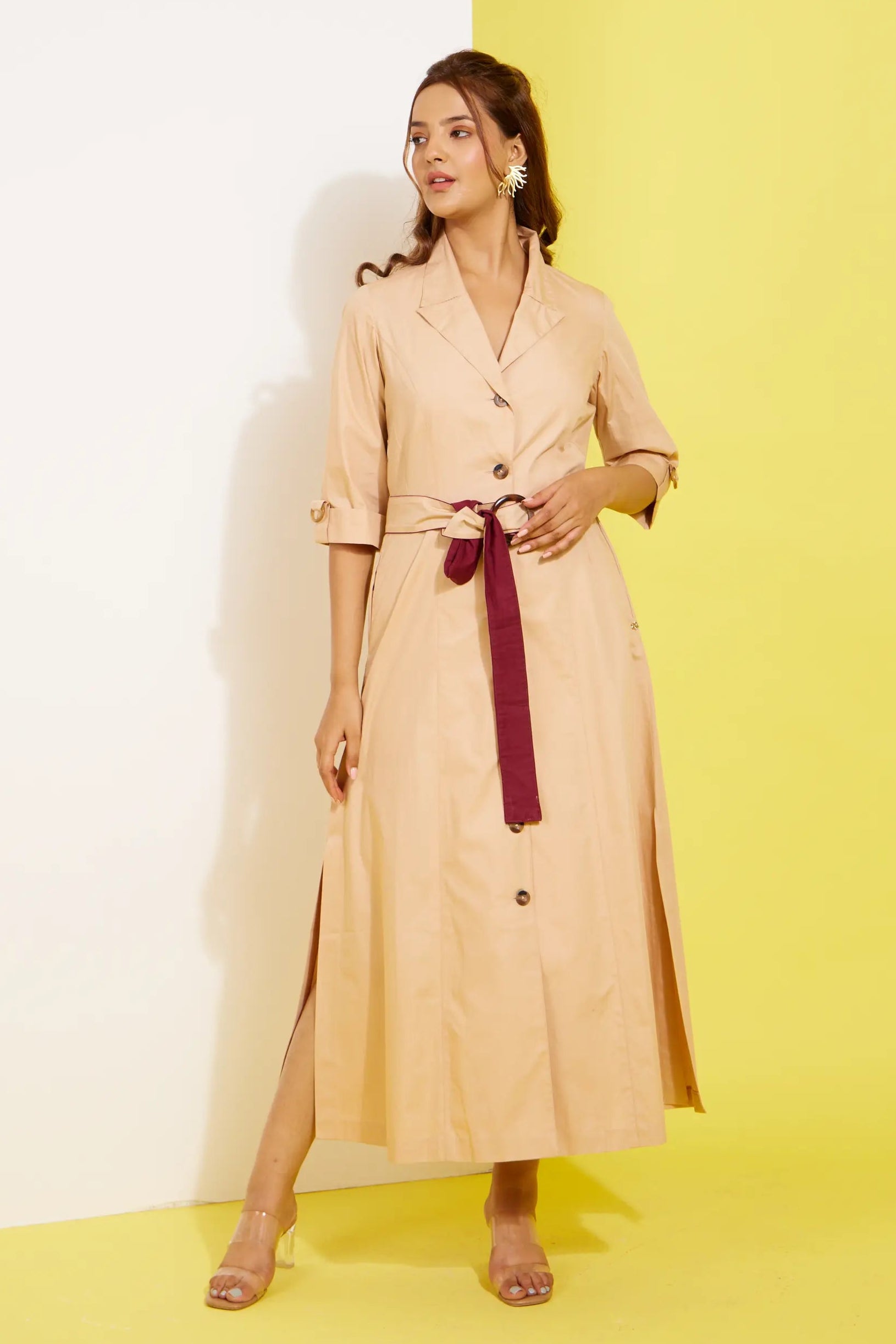 TRENCH long cotton poplin beige dress
