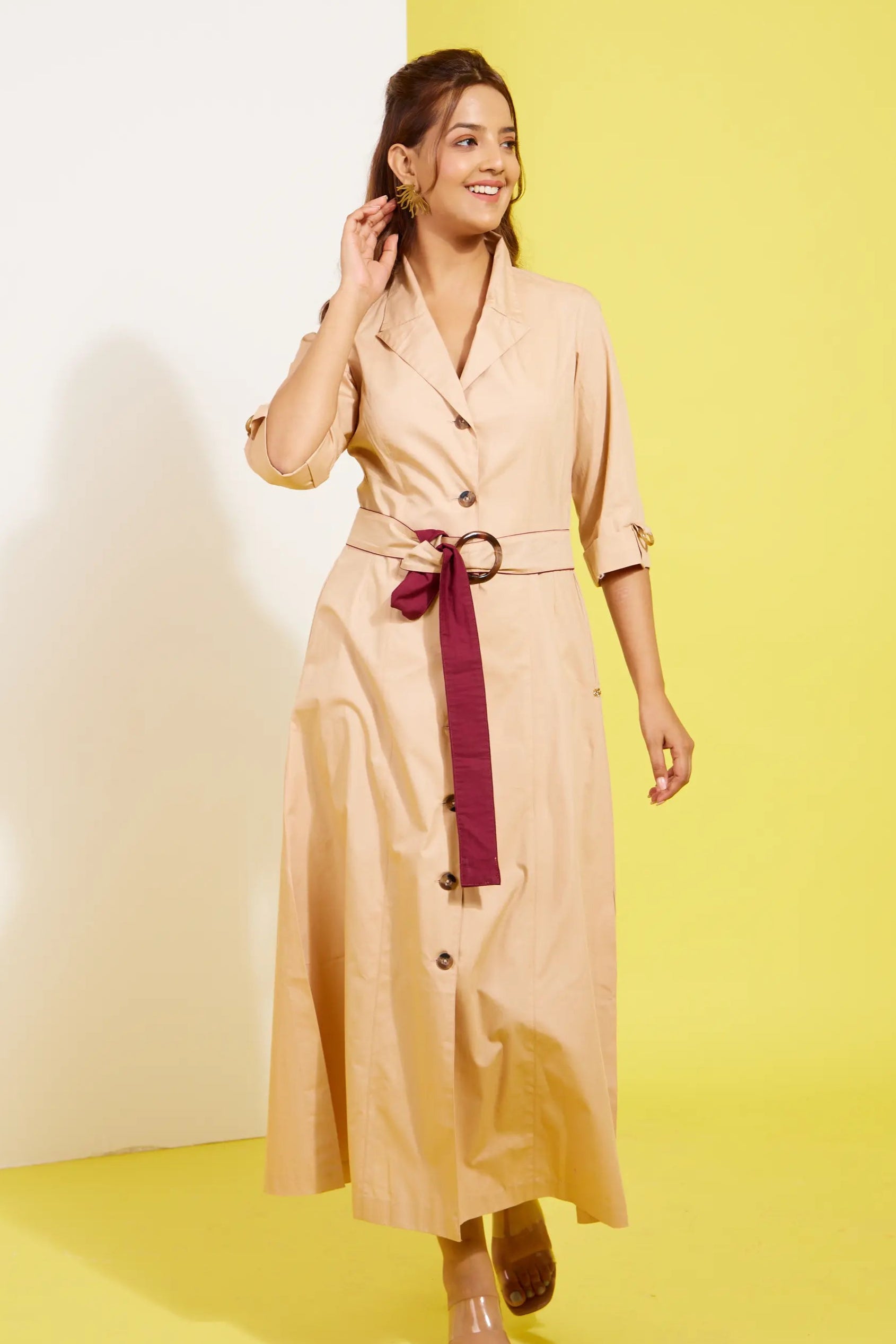 TRENCH long cotton poplin beige dress