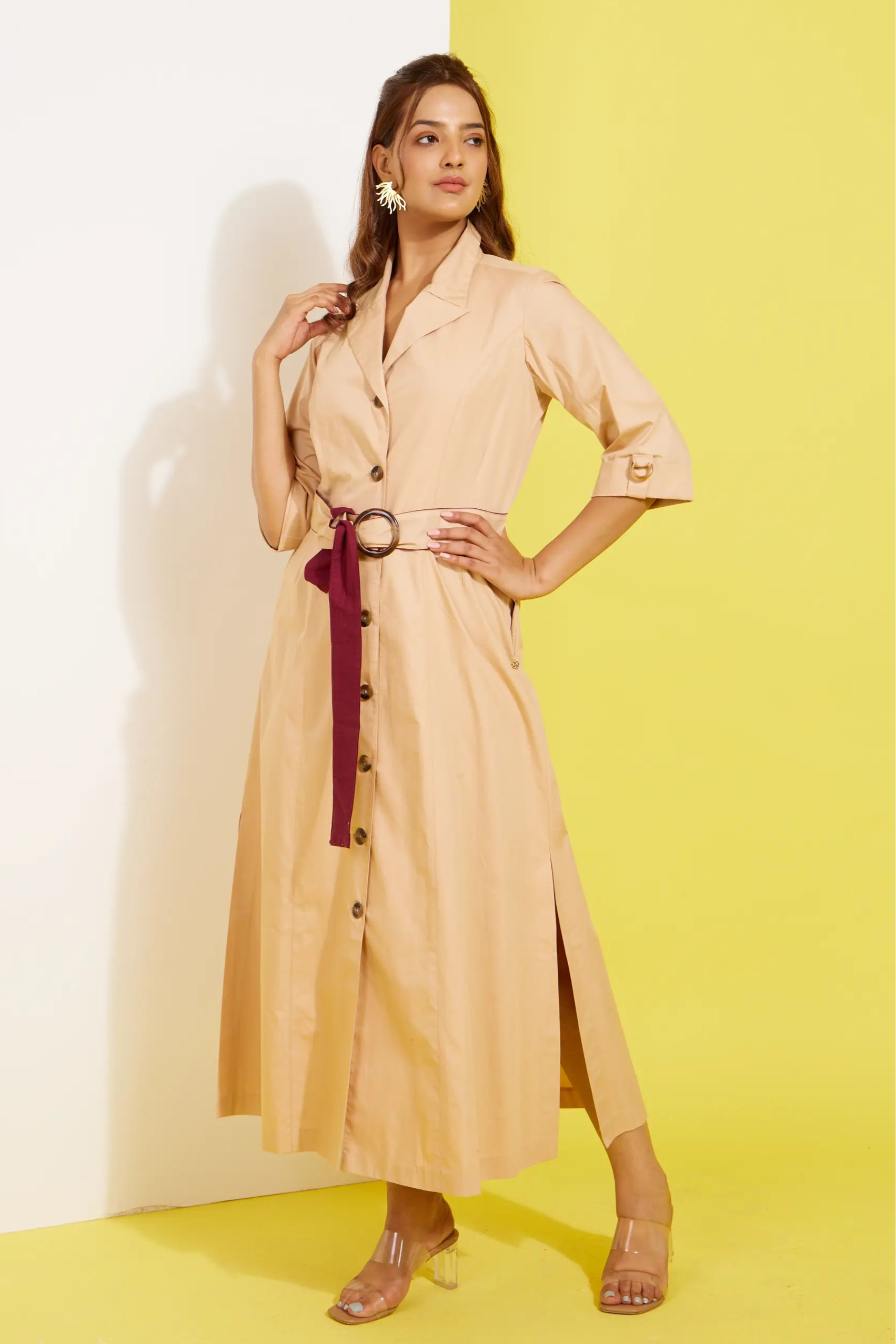 TRENCH long cotton poplin beige dress