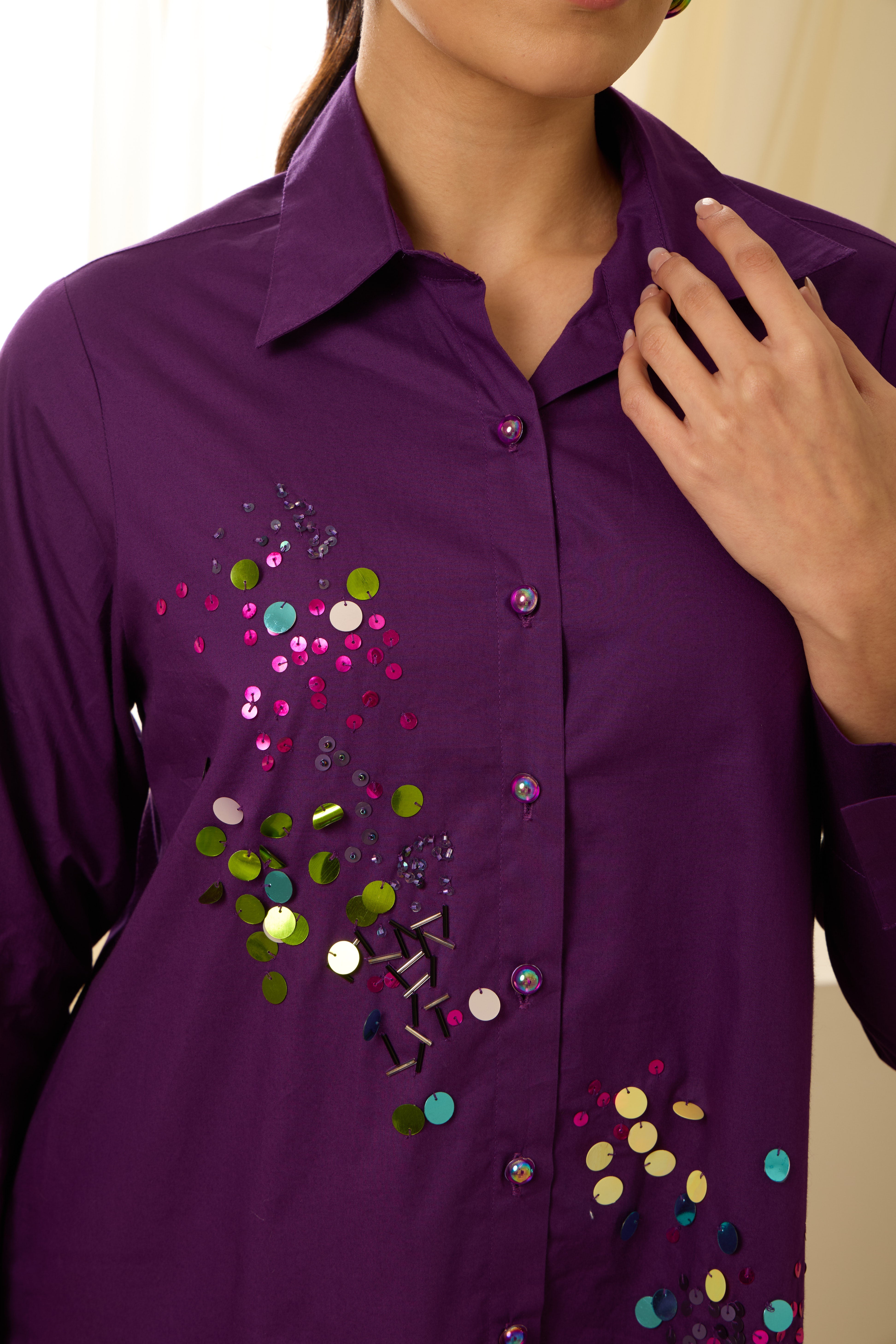 AUBERGINE SEQUINED POPLIN SHIRT