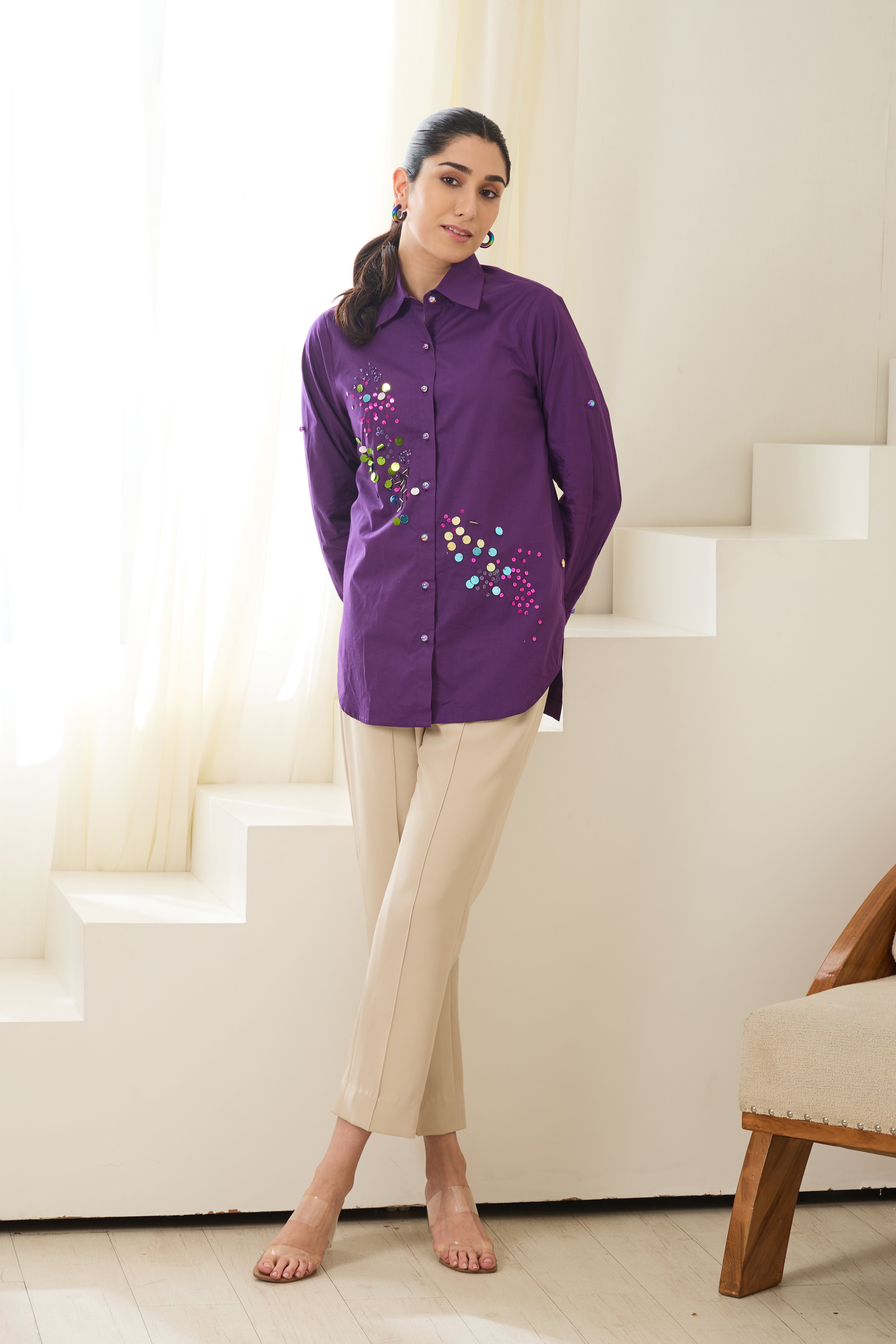 AUBERGINE SEQUINED POPLIN SHIRT