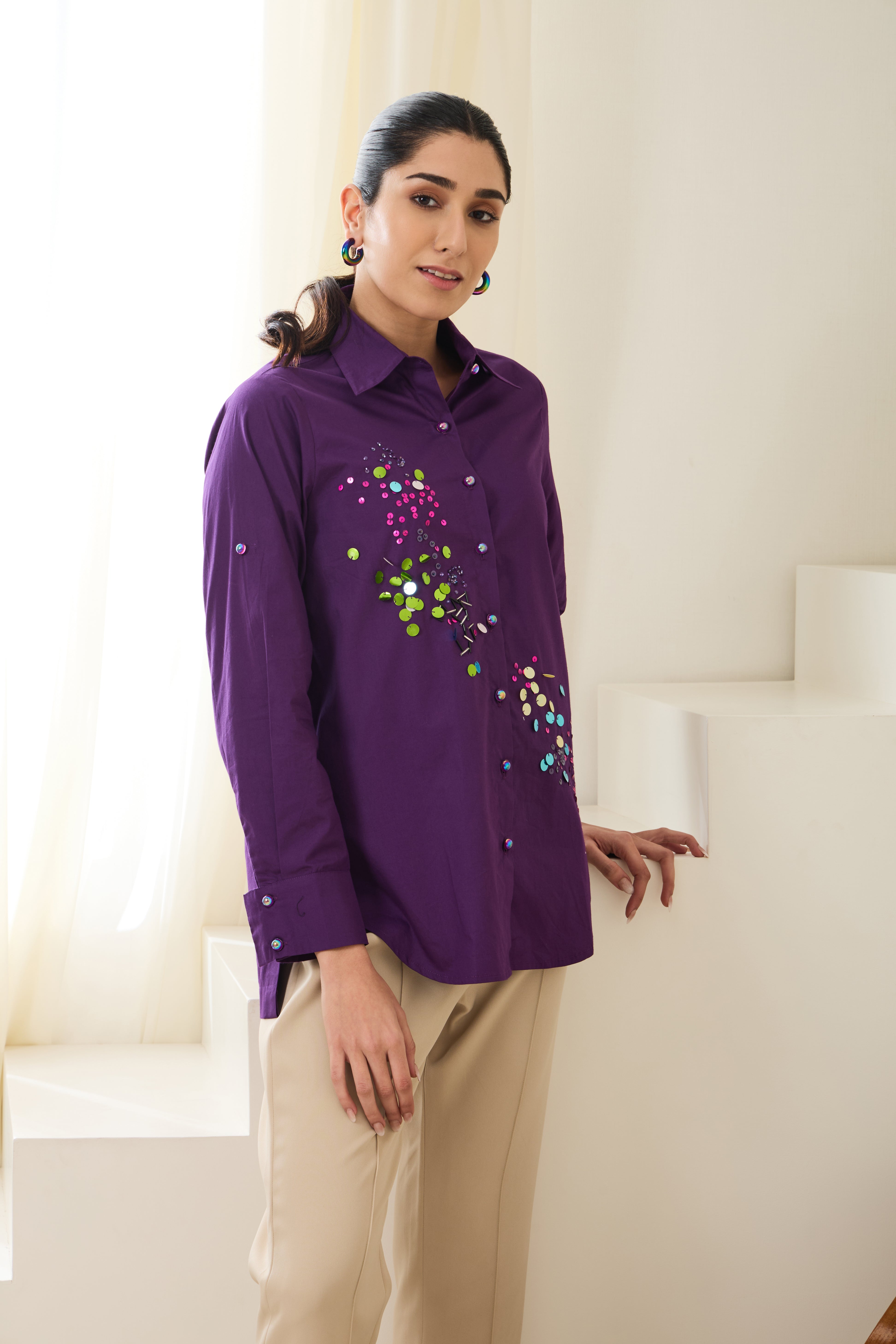 AUBERGINE SEQUINED POPLIN SHIRT