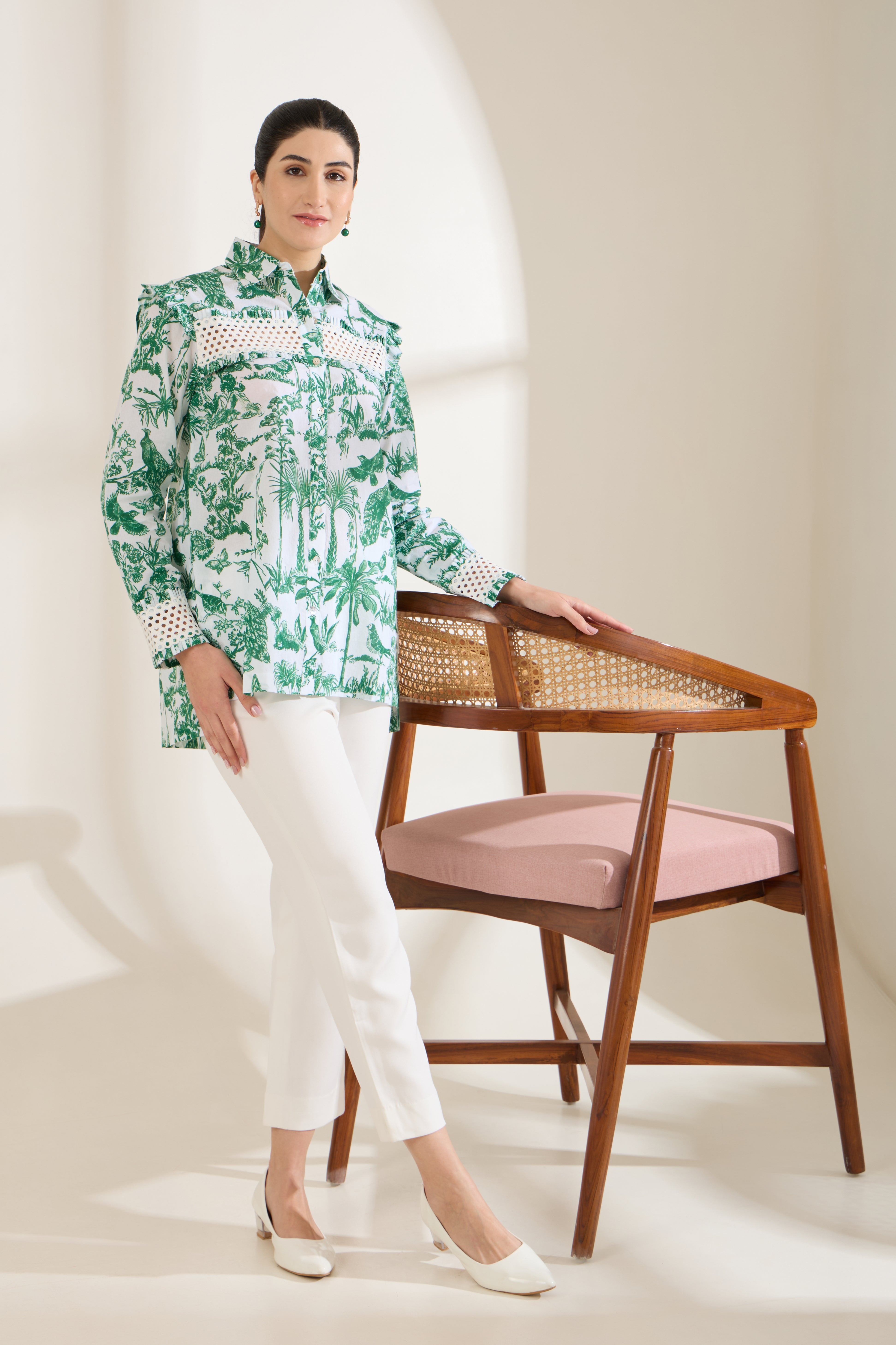 GREEN TOILE PRINTED COTTON SHIRT