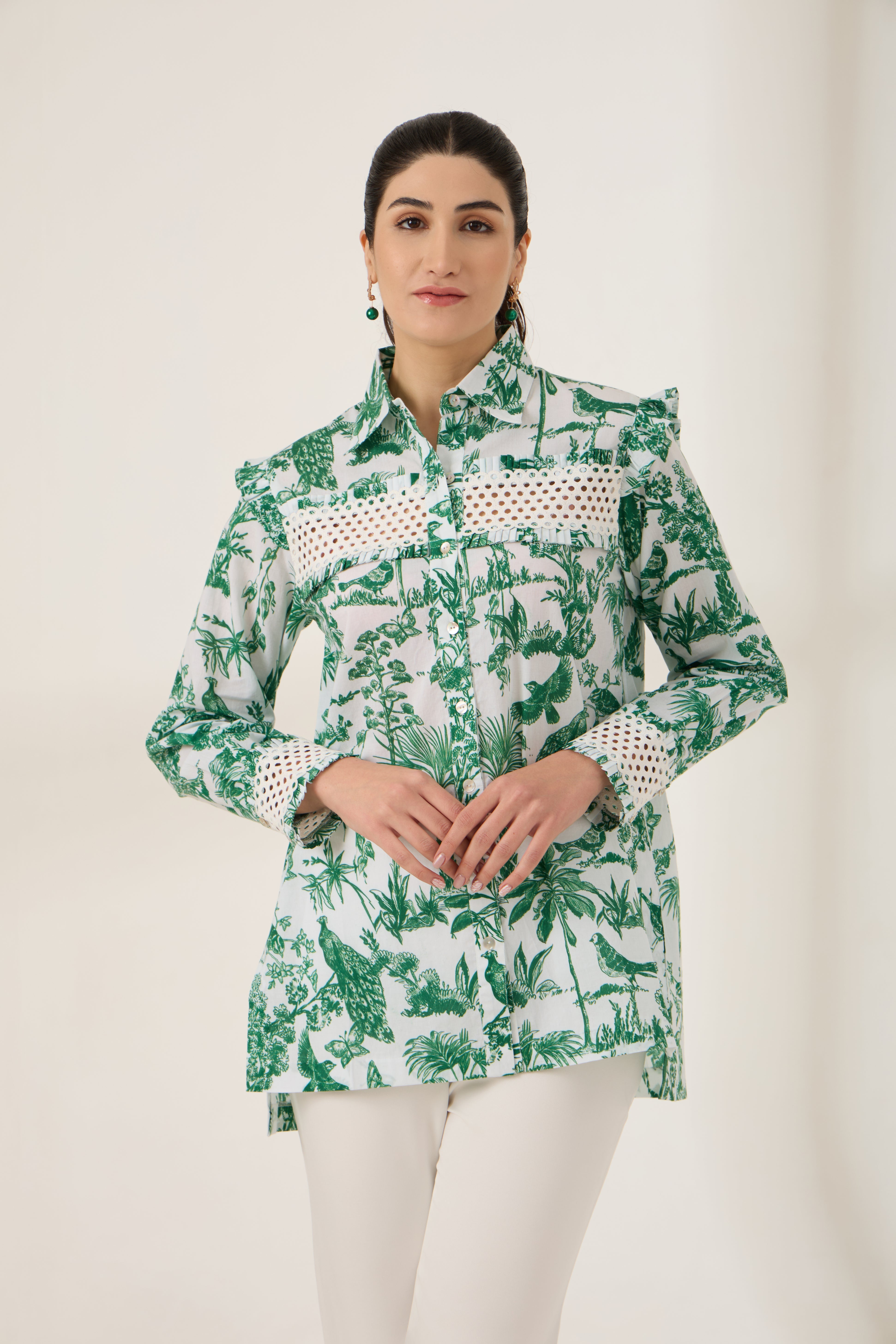GREEN TOILE PRINTED COTTON SHIRT