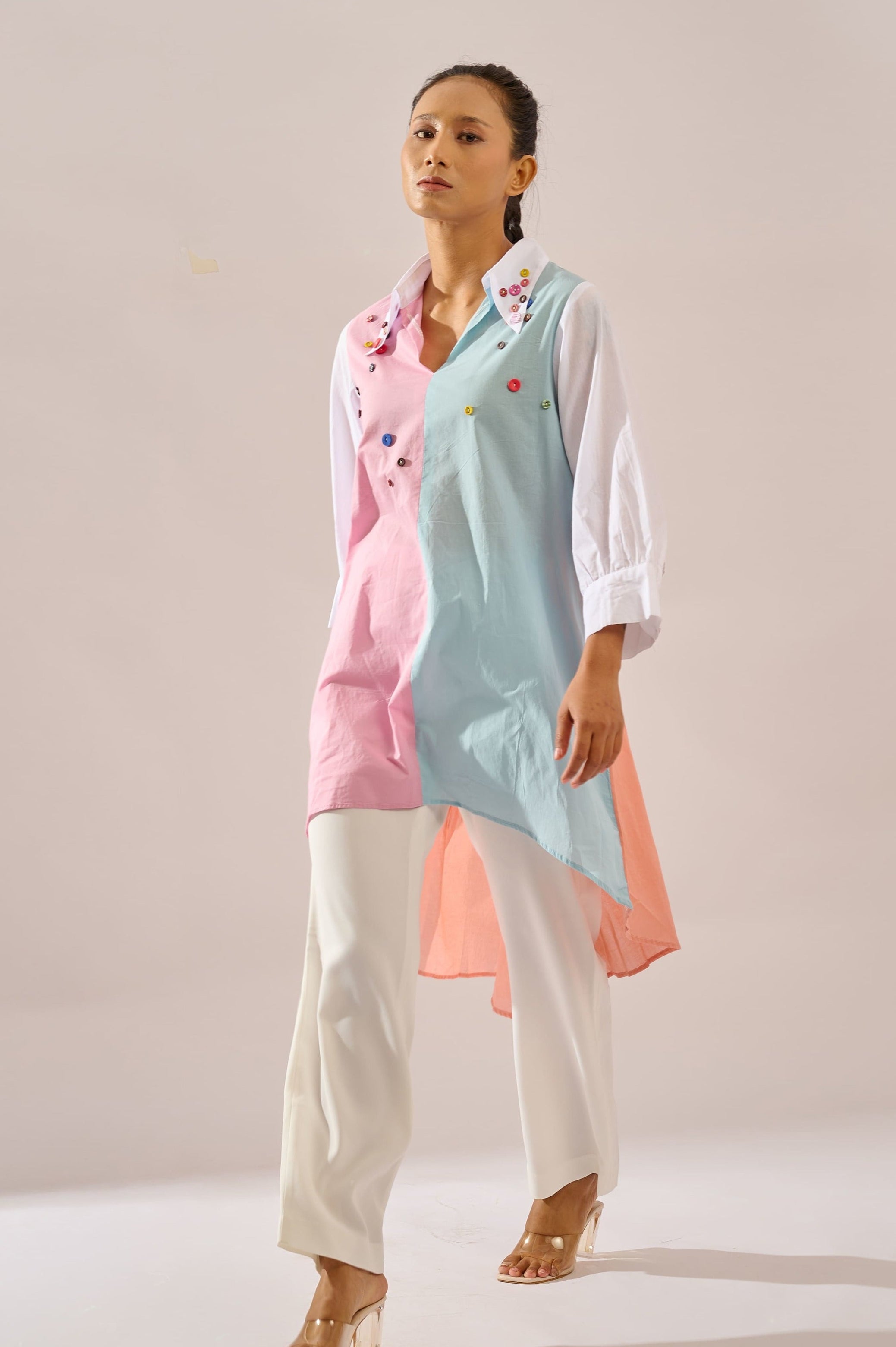 Speckled color block top in cotton