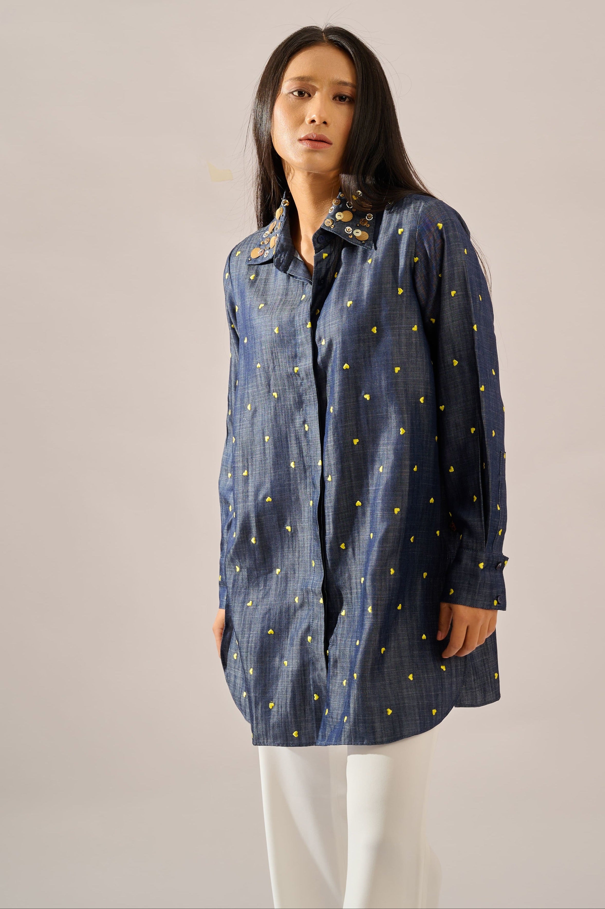 Ditsy Heart Shirt in embroidered denim