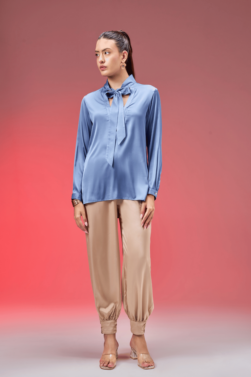 BLUE SATIN TIE TOP