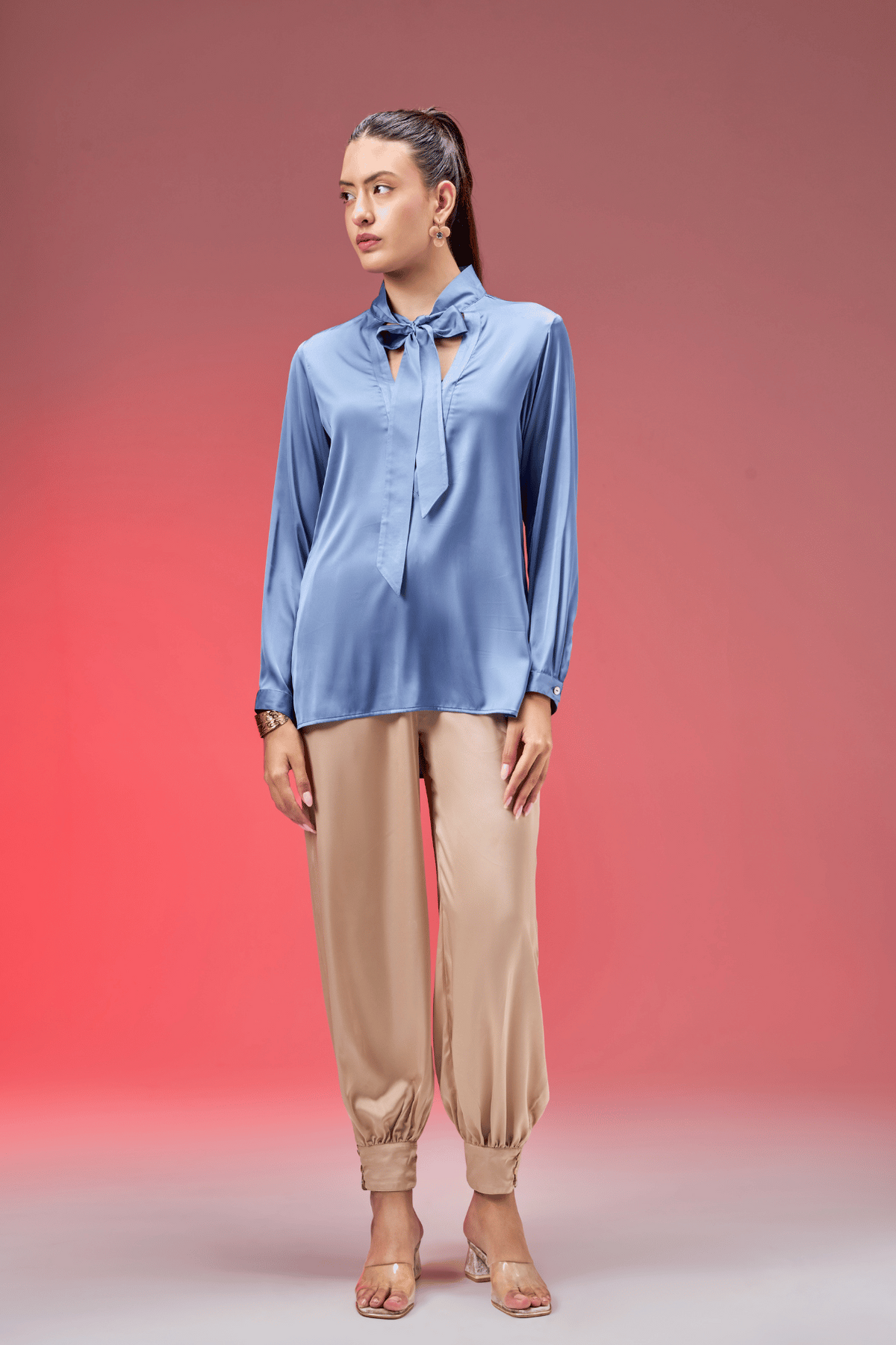 BLUE SATIN TIE TOP