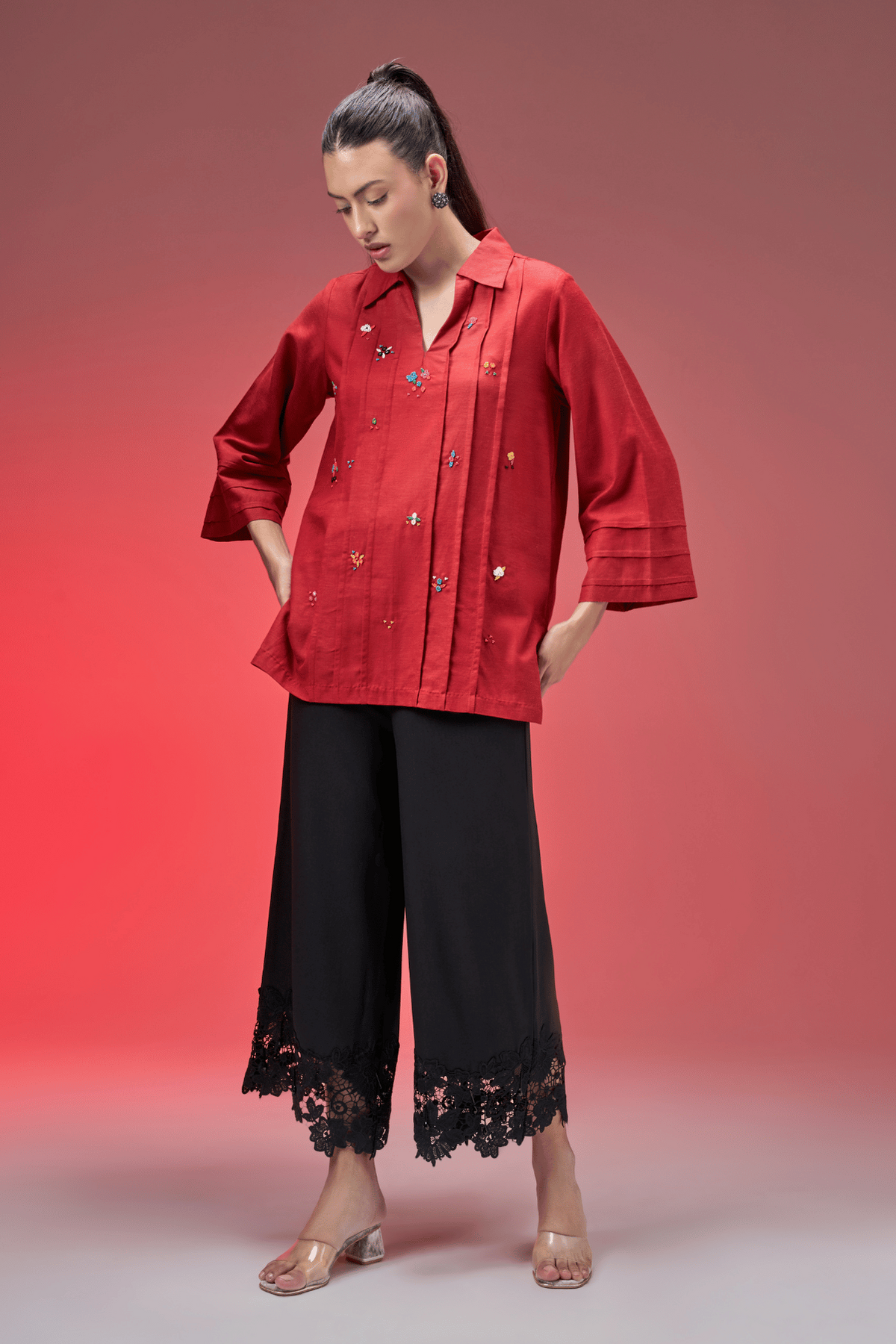BEAD RED LINEN SHIRT