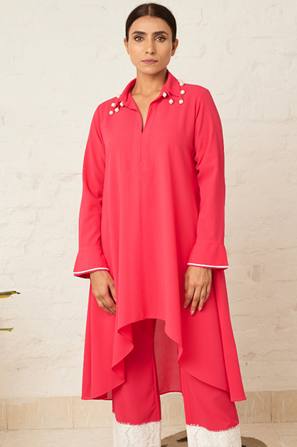 Pearly high-low co-ord tunic set for women — front view, asymmetric hem design — Haus of Handmade