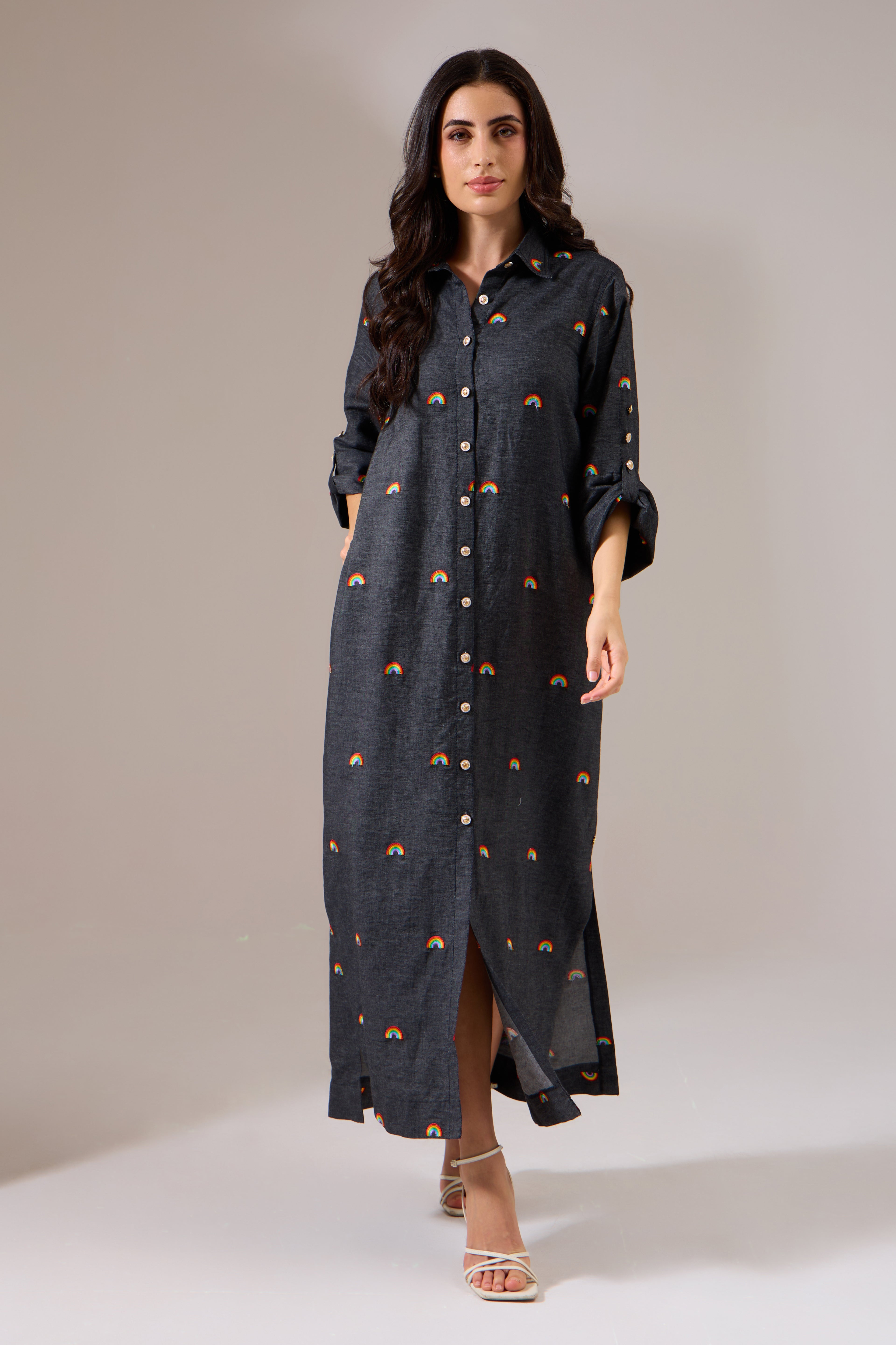 RAINBOW denim long dress — back view | Haus of Handmade