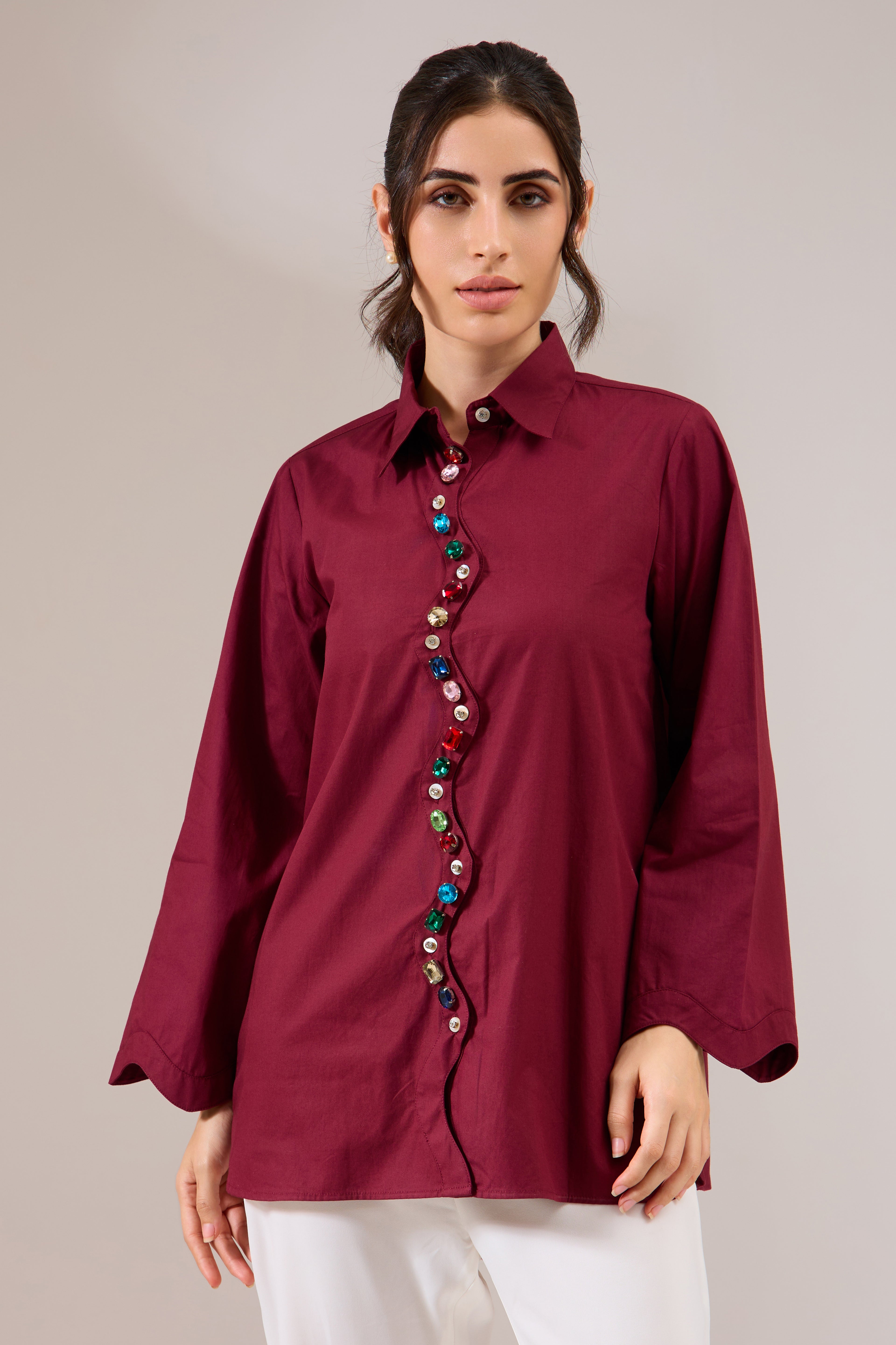 Ripple embroidered poplin shirt — front view | Haus of Handmade