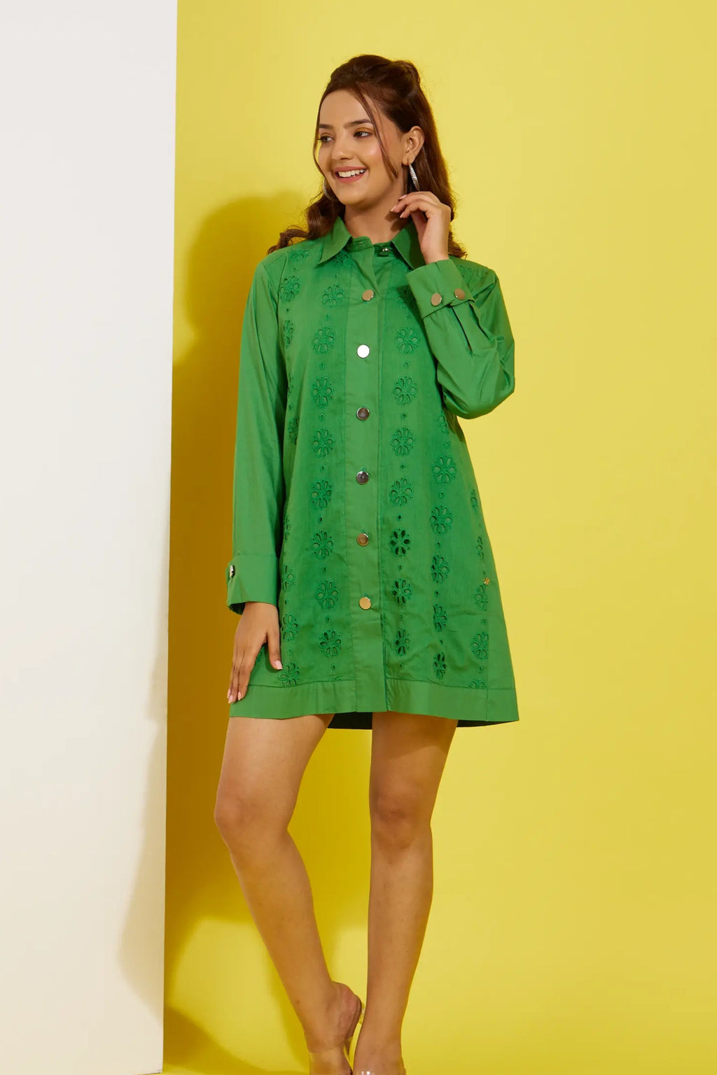 MERINGUE green cotton schiffli dress — back view | Haus of Handmade