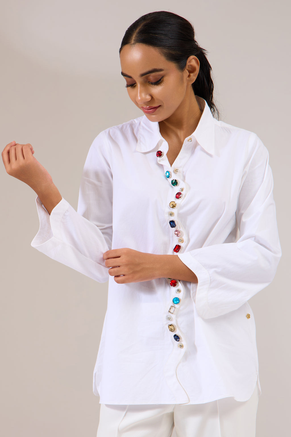 Ripple embroidered poplin shirt — side view | Haus of Handmade