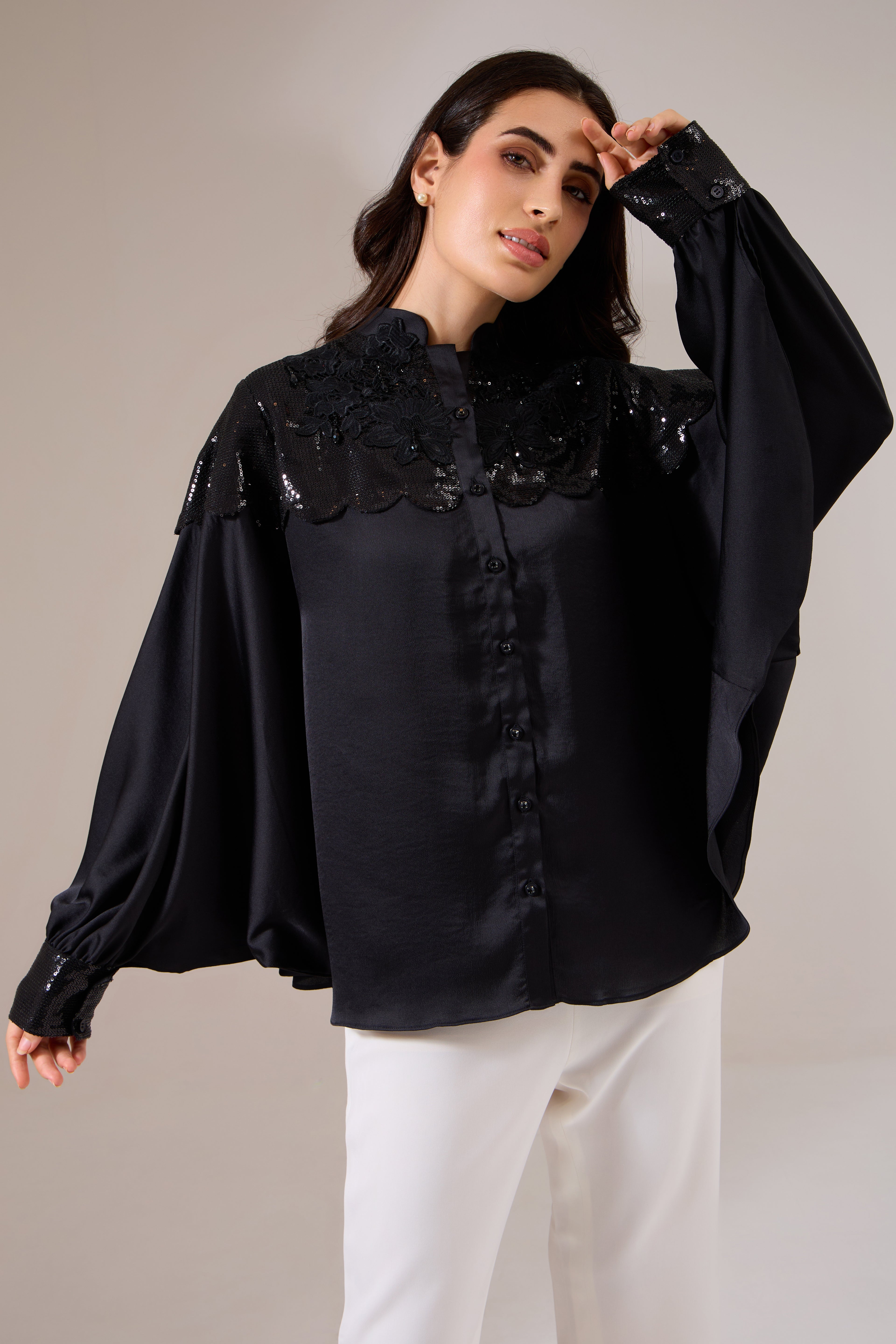 VANITY Formal Black Cape Top — front view | Haus of Handmade