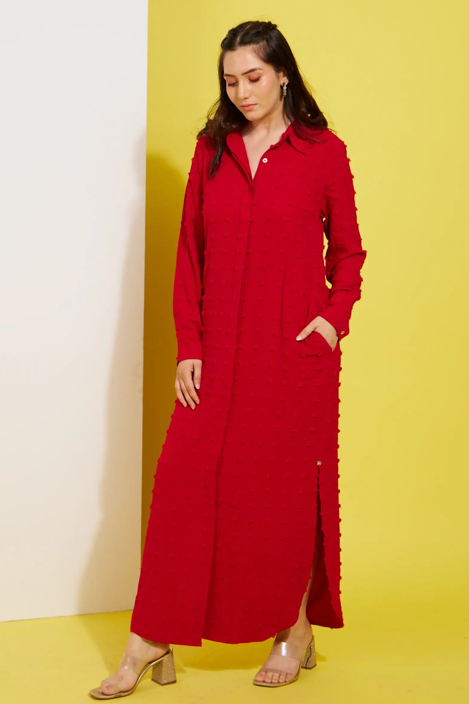 SCARLET LADY red long dress — side view | Haus of Handmade