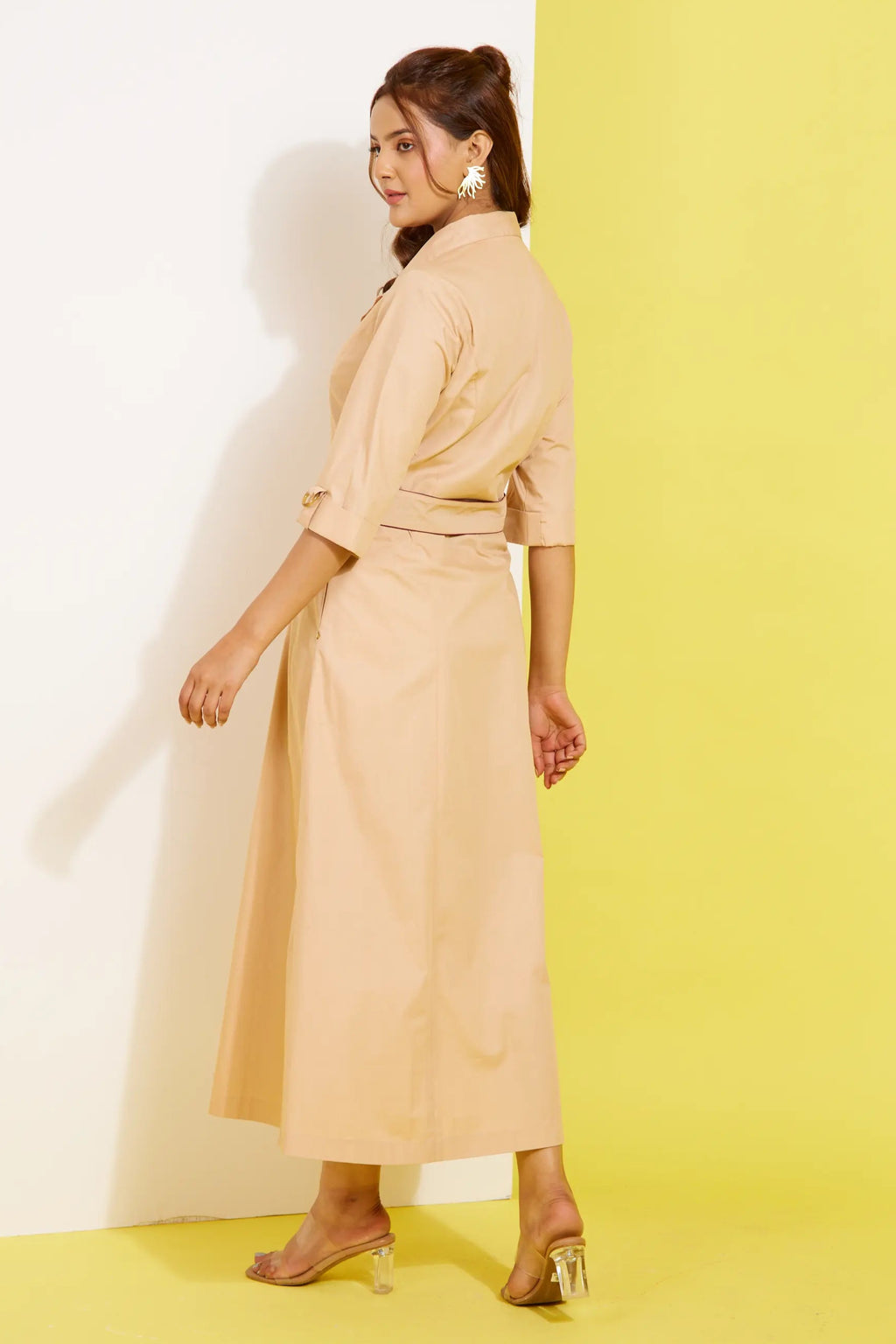 TRENCH long cotton poplin beige dress — side view | Haus of Handmade