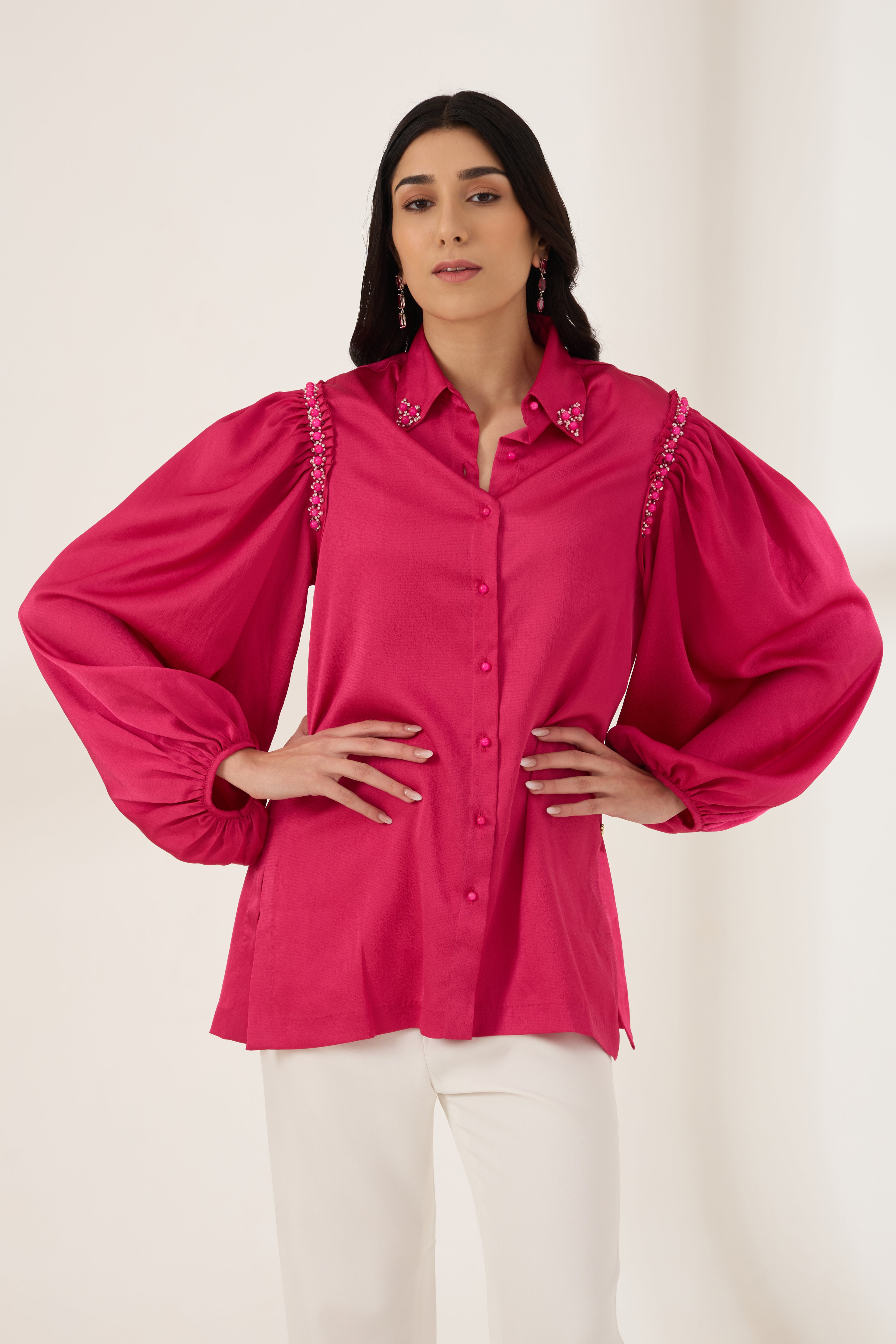 RAANI Sequined Formal Crepe Shirt — front view | Haus of Handmade