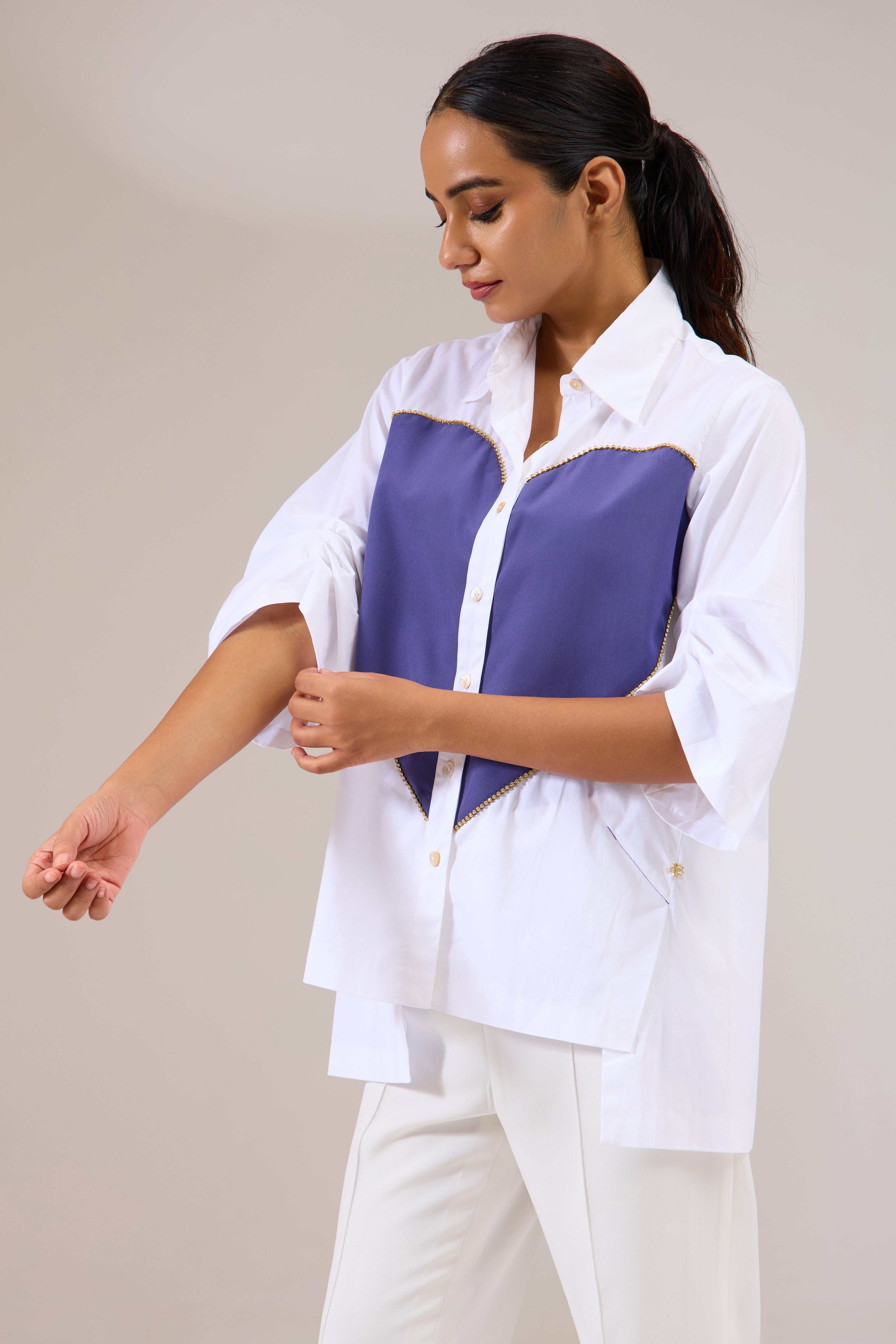 PLUMHEART white poplin shirt — side view | Haus of Handmade