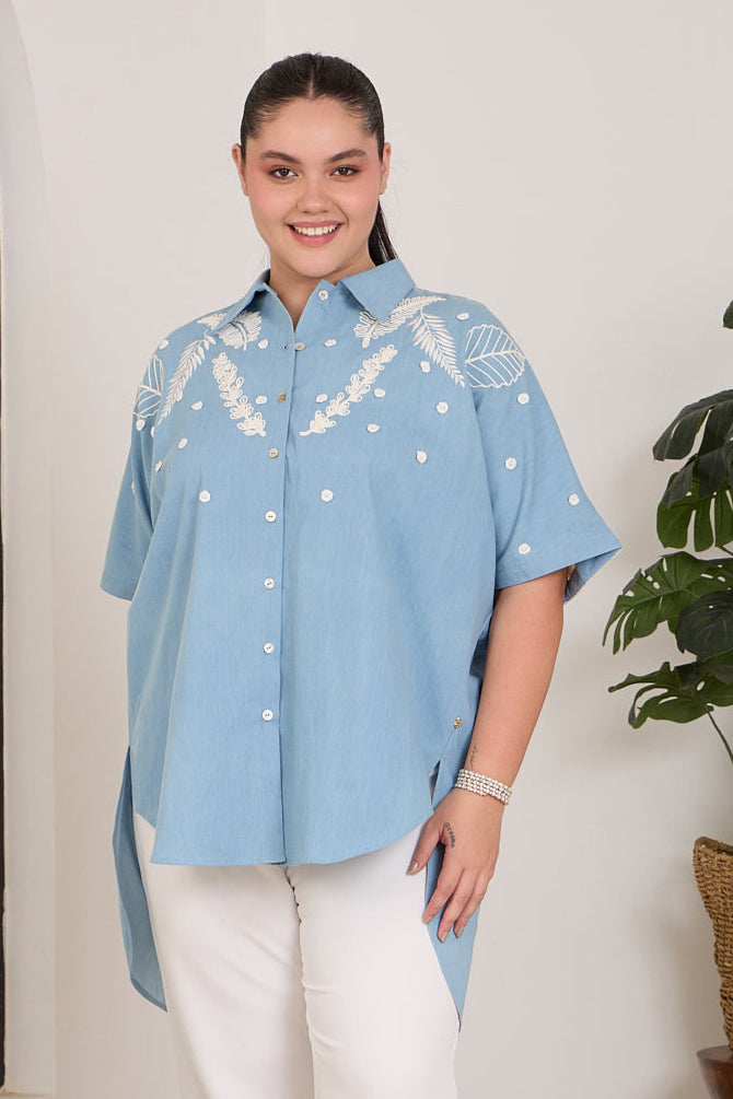 LEAF DROP One-Size Denim Shirt — front view | Haus of Handmade
