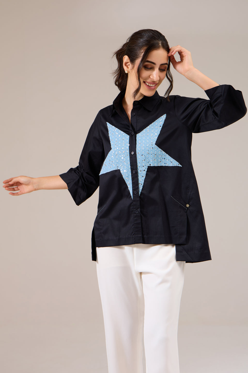 STARDOM Black Poplin shirt — side view | Haus of Handmade