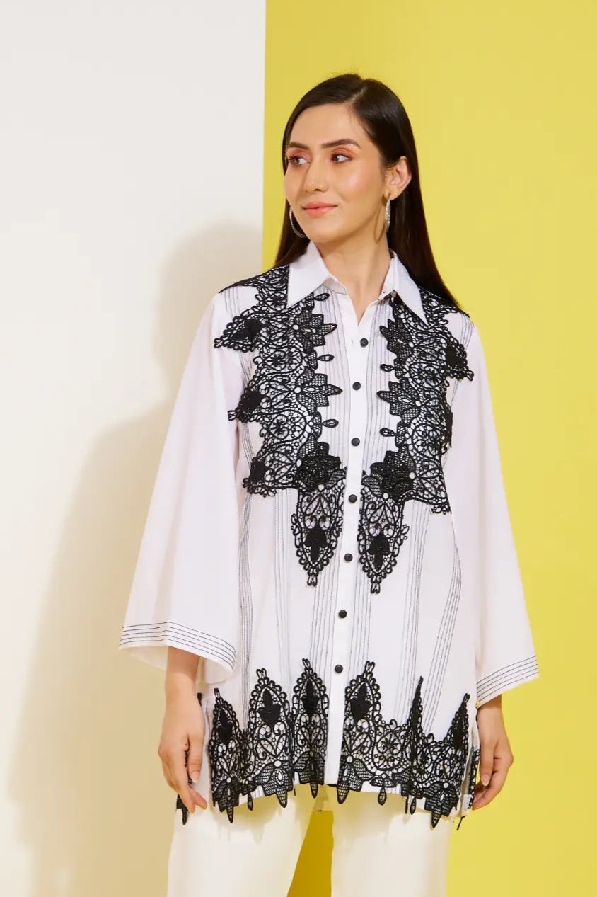 NOIR LACE formal black and white shirt — front view | Haus of Handmade