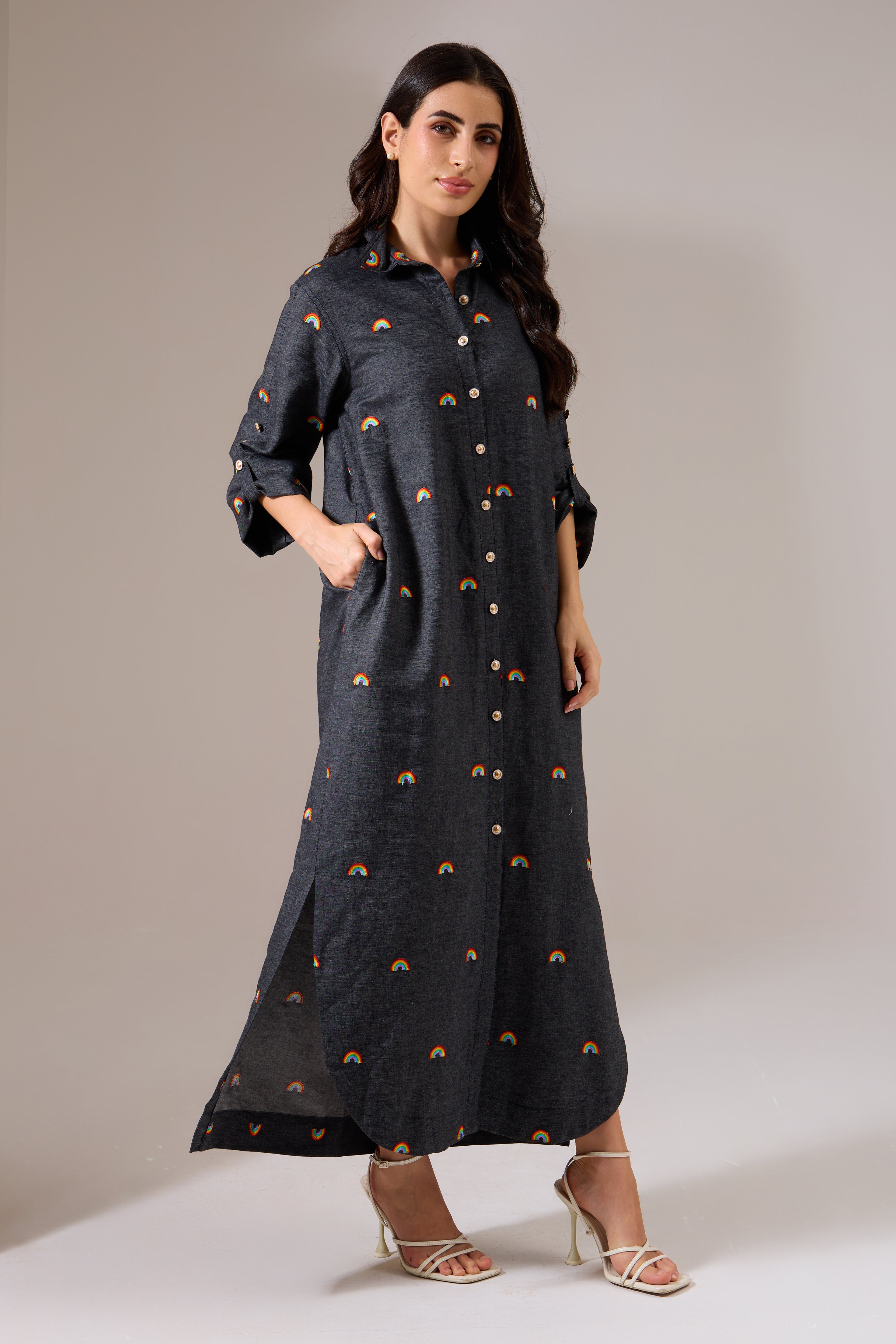 RAINBOW denim long dress — side view | Haus of Handmade