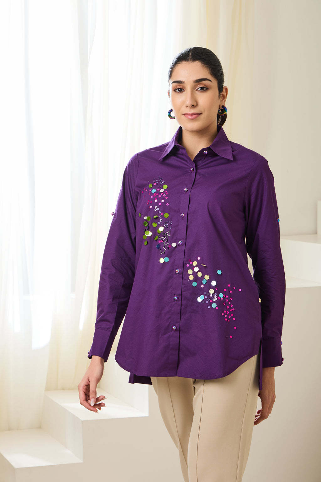 AUBERGINE Sequined Poplin Shirt — front view | Haus of Handmade