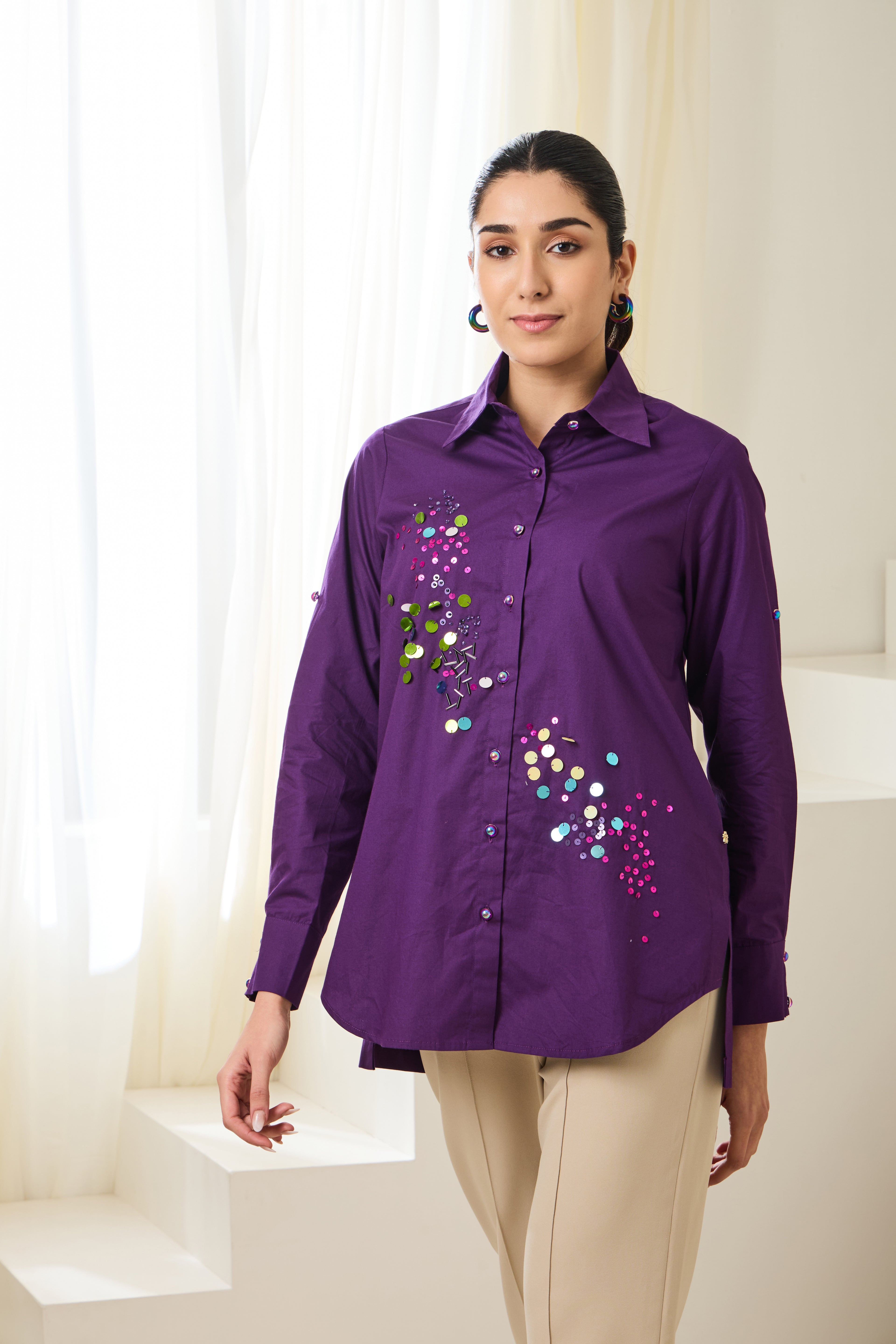AUBERGINE Sequined Poplin Shirt — front view | Haus of Handmade