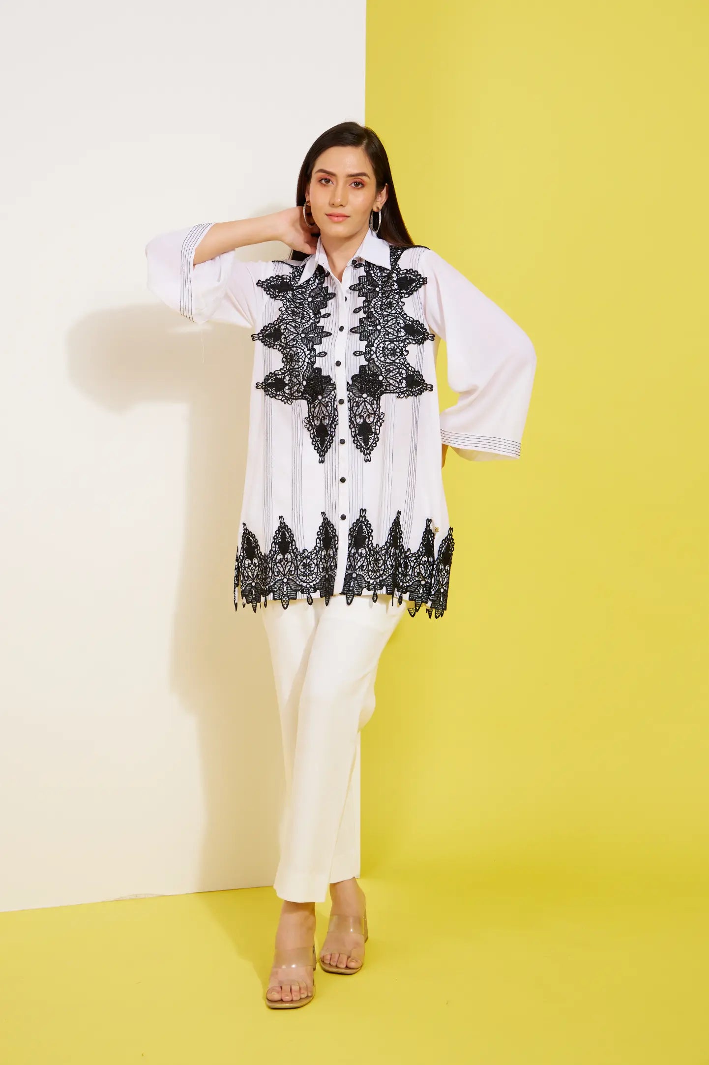 NOIR LACE formal black and white shirt — side view | Haus of Handmade
