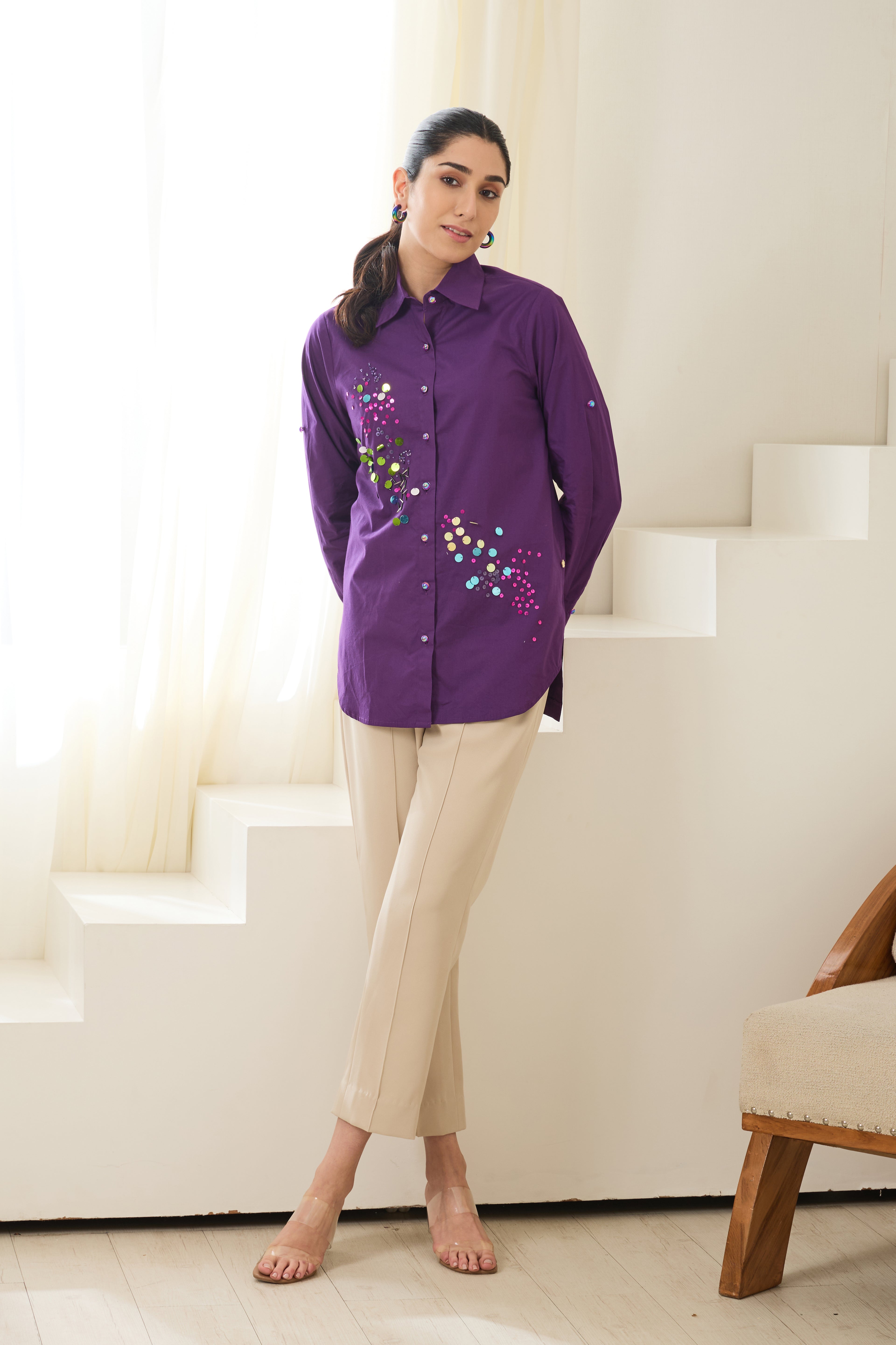 Aubergine Sequined Poplin Shirt