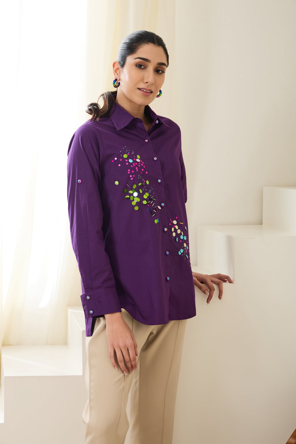 Aubergine Sequined Poplin Shirt