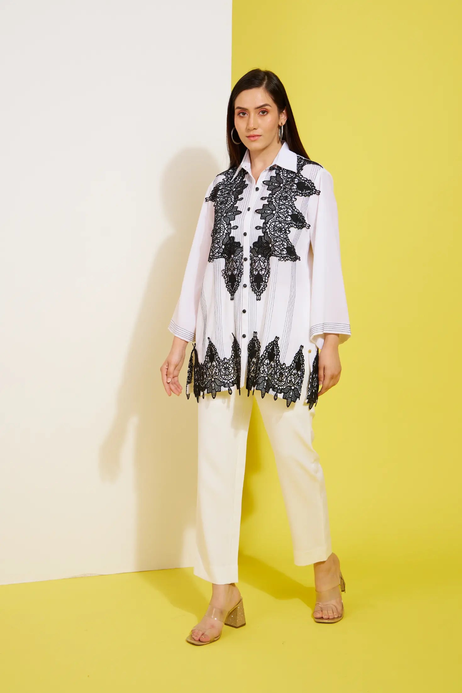 NOIR LACE formal black and white shirt — back view | Haus of Handmade