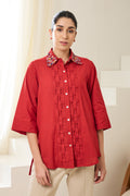 Red Chintz Sequin Shirt — front view, women's handcrafted sequined shirt | Haus of Handmade