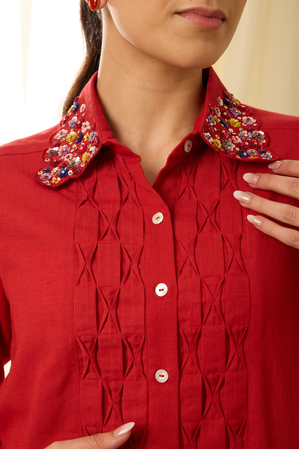 Red Chintz Sequin Shirt — detail view, chintz sequin embroidery | Haus of Handmade