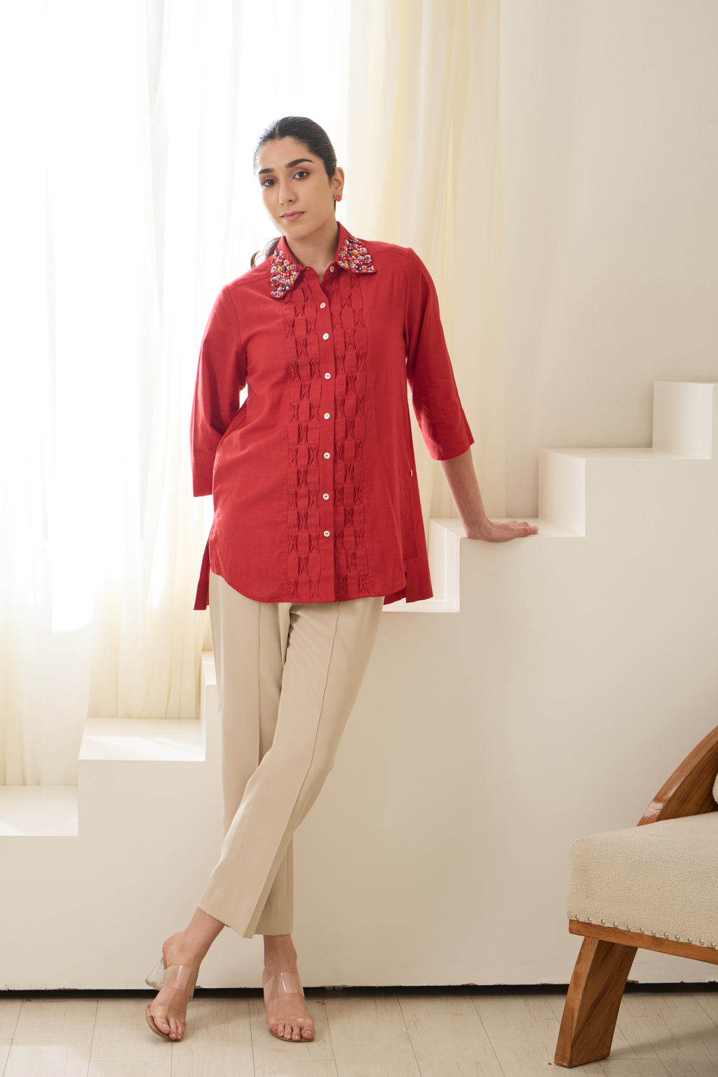 Red Chintz Sequin Shirt — back view | Haus of Handmade