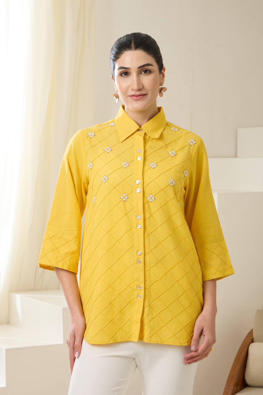 SUNDANCE Sequined Linen Shirt — front view | Haus of Handmade