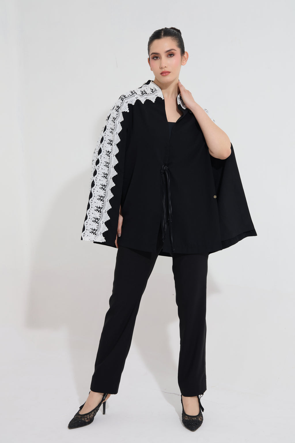 DAWNKISS formal cape in black — back view | Haus of Handmade