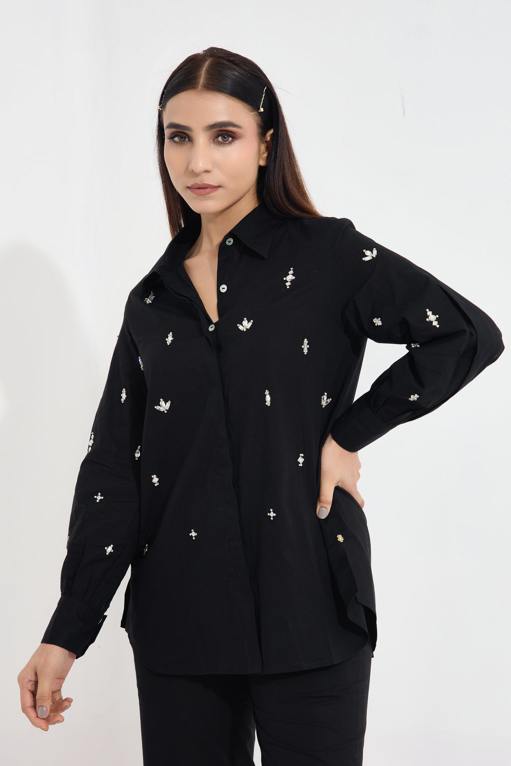 Lulu Swarovski formal cotton shirt — side view | Haus of Handmade