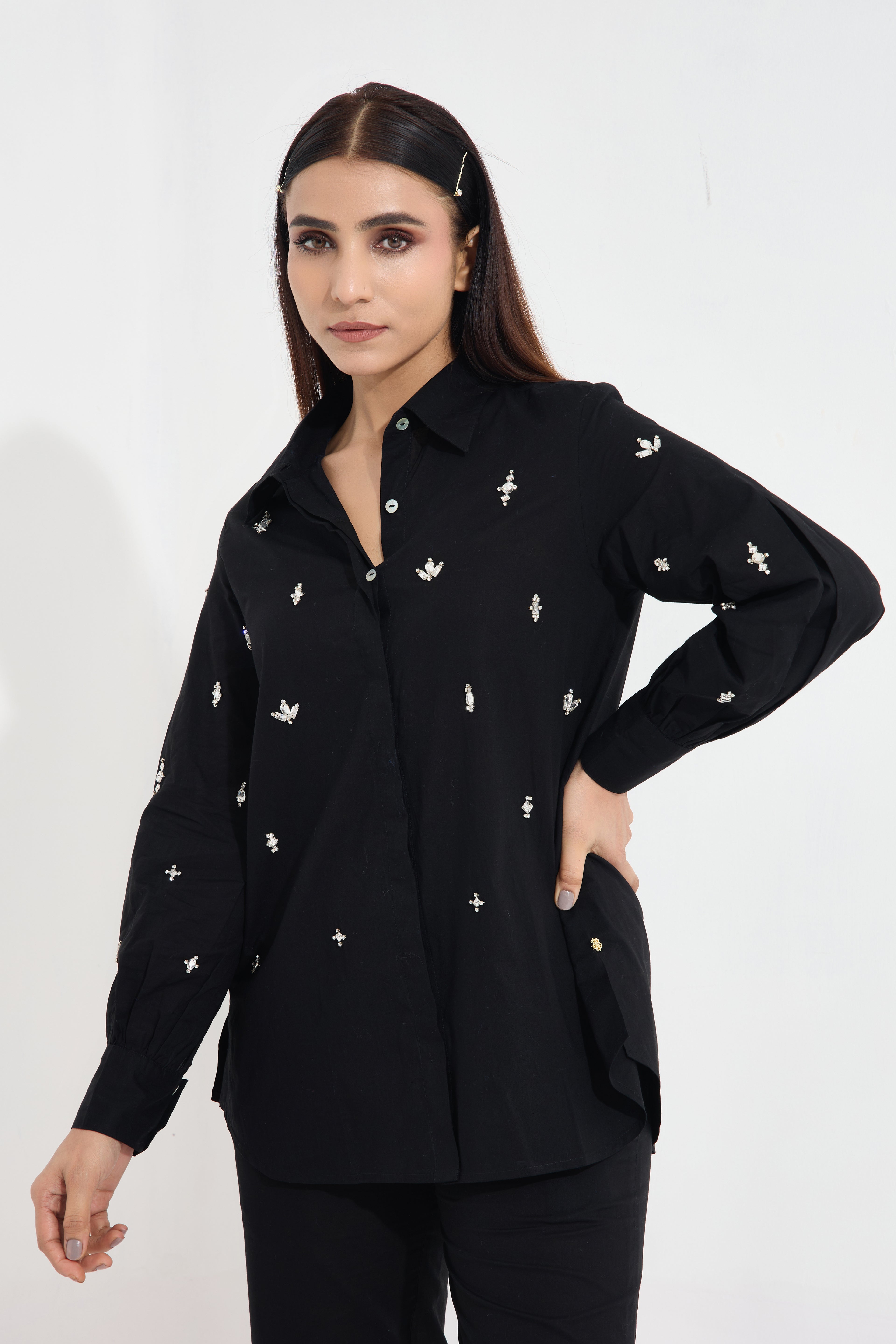 Lulu Swarovski formal cotton shirt — side view | Haus of Handmade