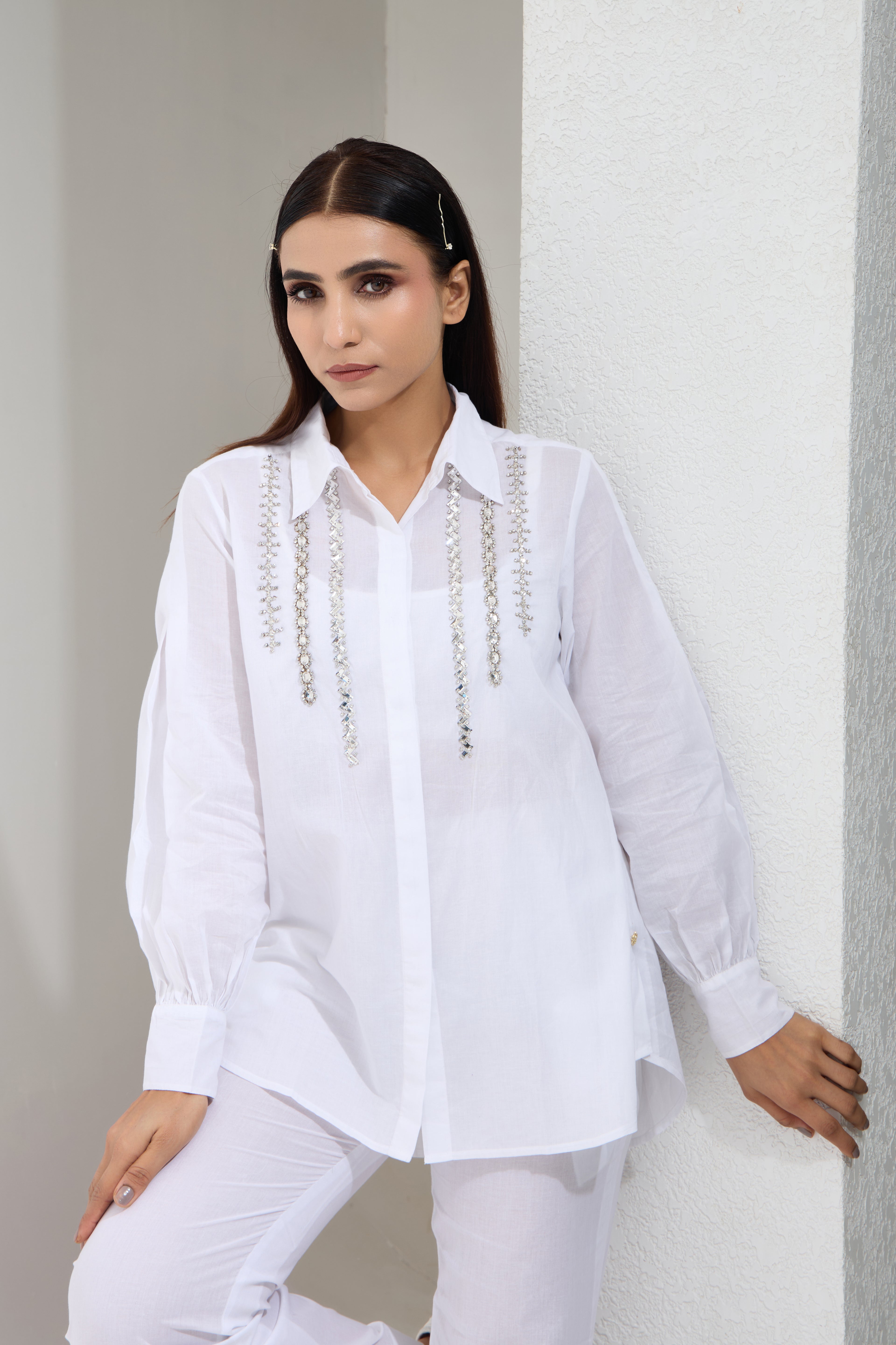 Pippin Swarovski formal cotton shirt — side view | Haus of Handmade
