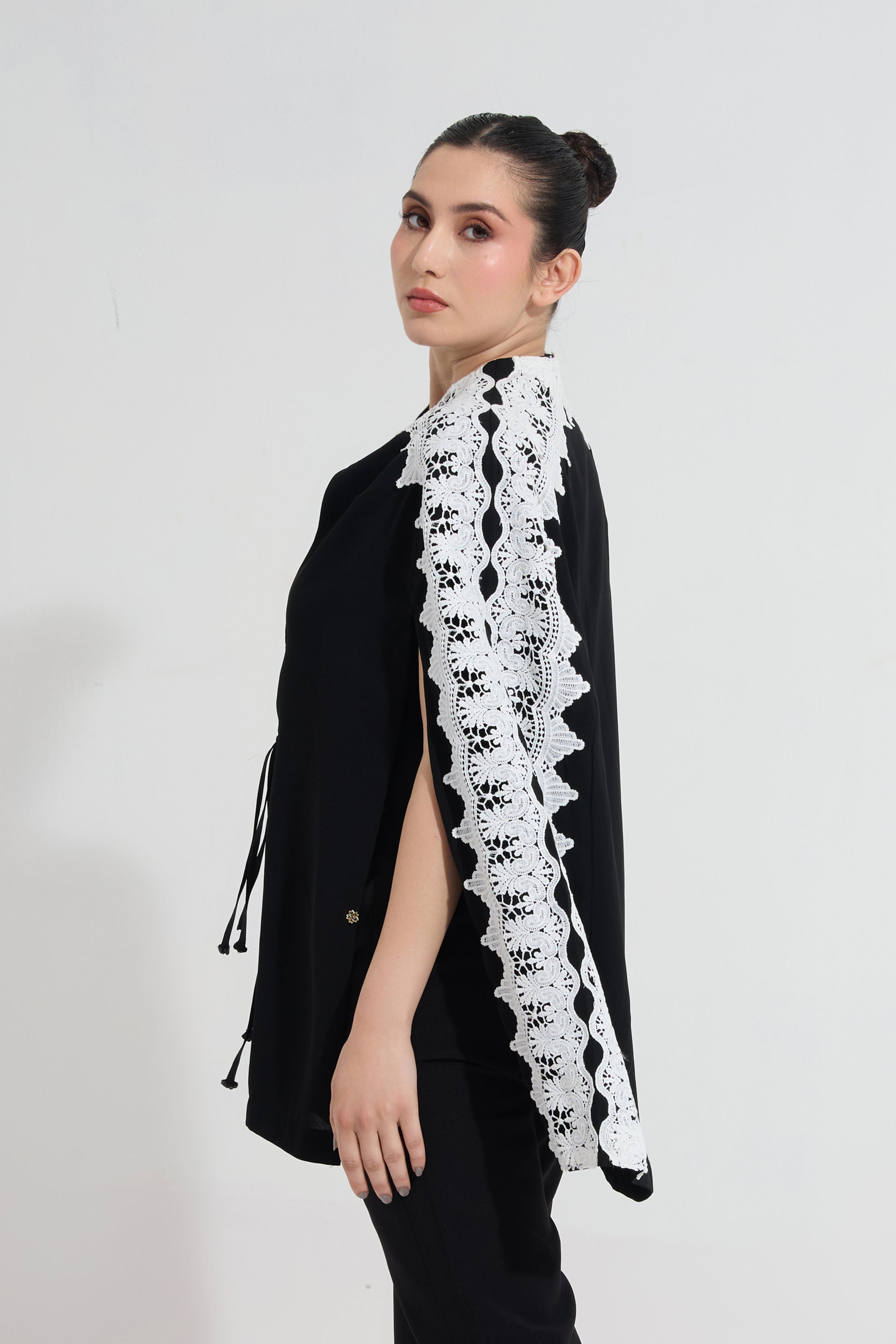 DAWNKISS formal cape in black — side view | Haus of Handmade