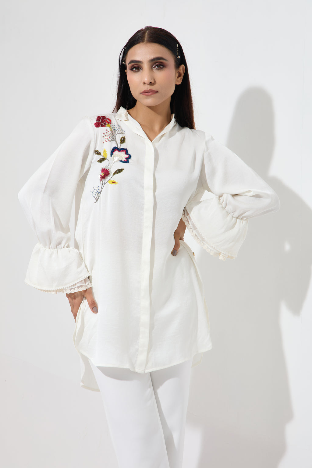 Milady embroidered formal long top — side view | Haus of Handmade