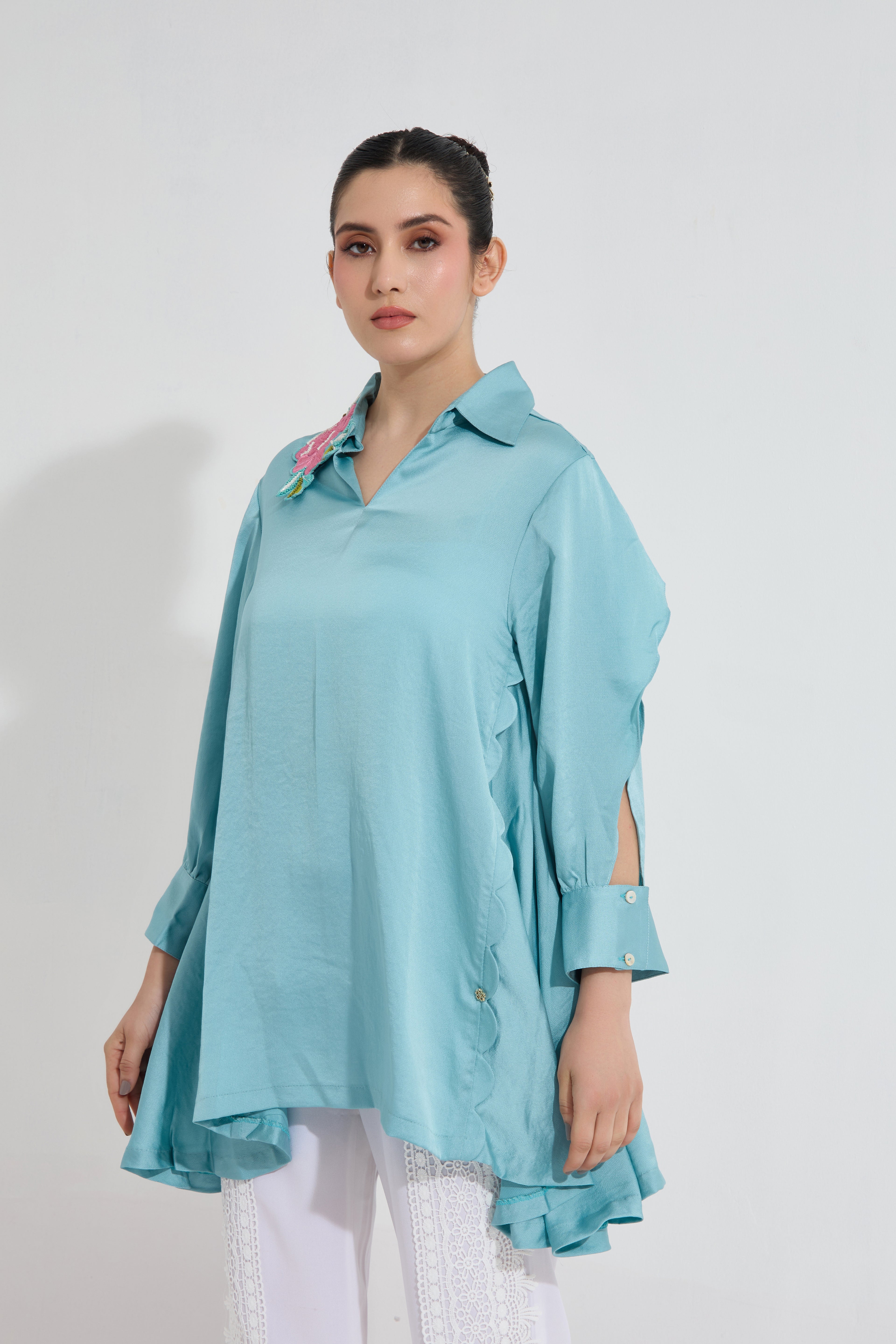 CHARMIROSE embroidered formal blue top — styled view | Haus of Handmade
