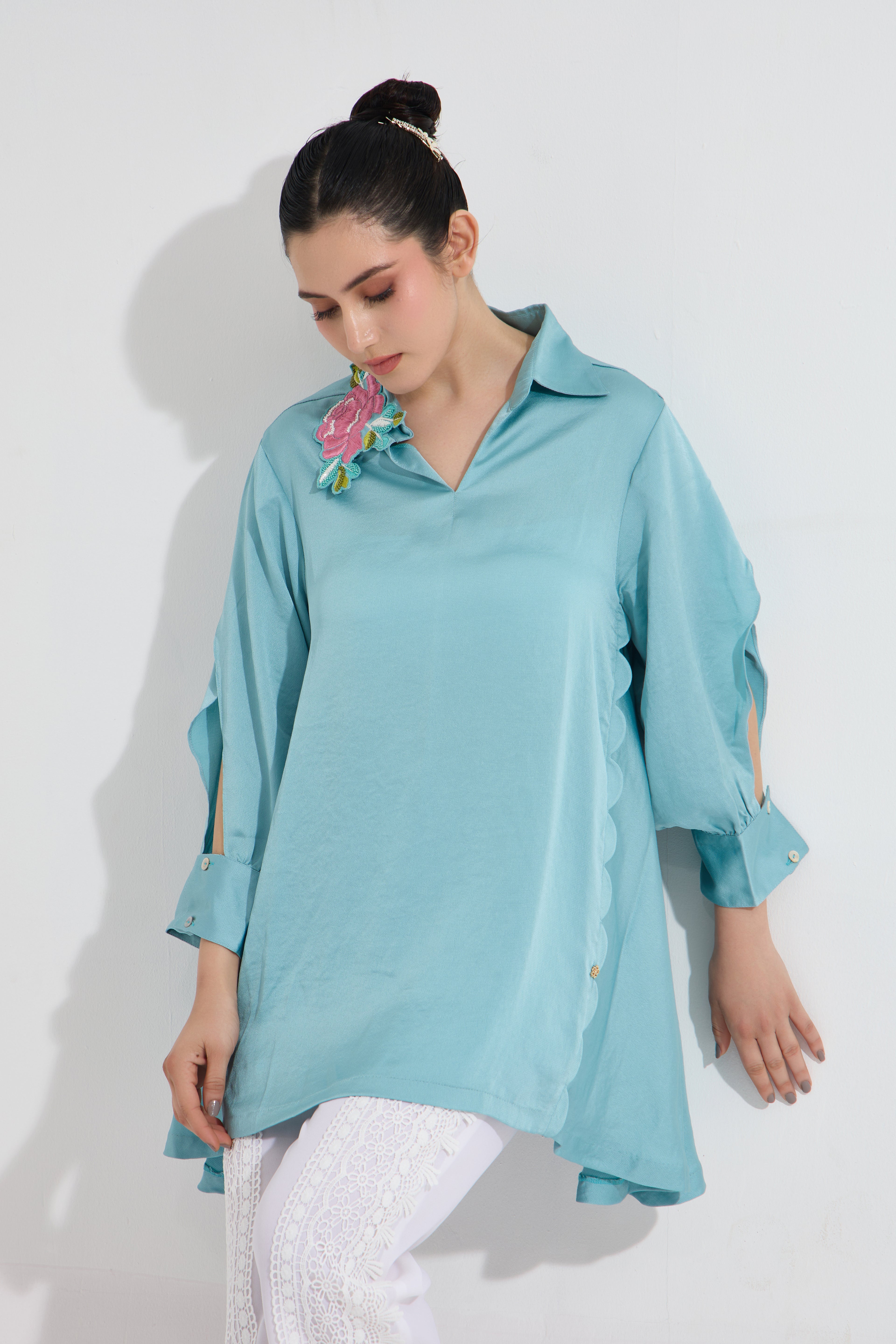CHARMIROSE embroidered formal blue top — front view | Haus of Handmade