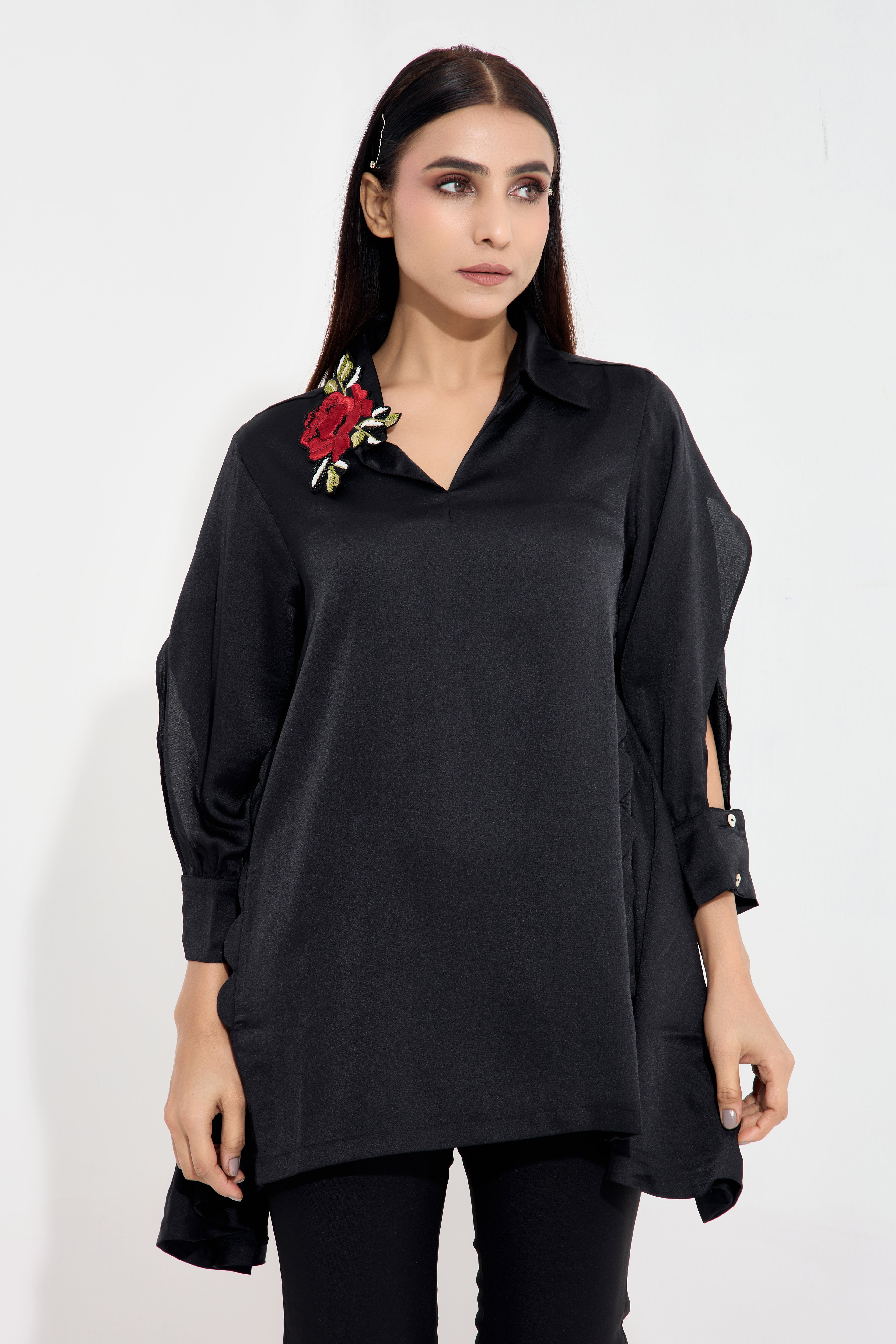 CHARMIROSE embroidered formal blue top — side view | Haus of Handmade