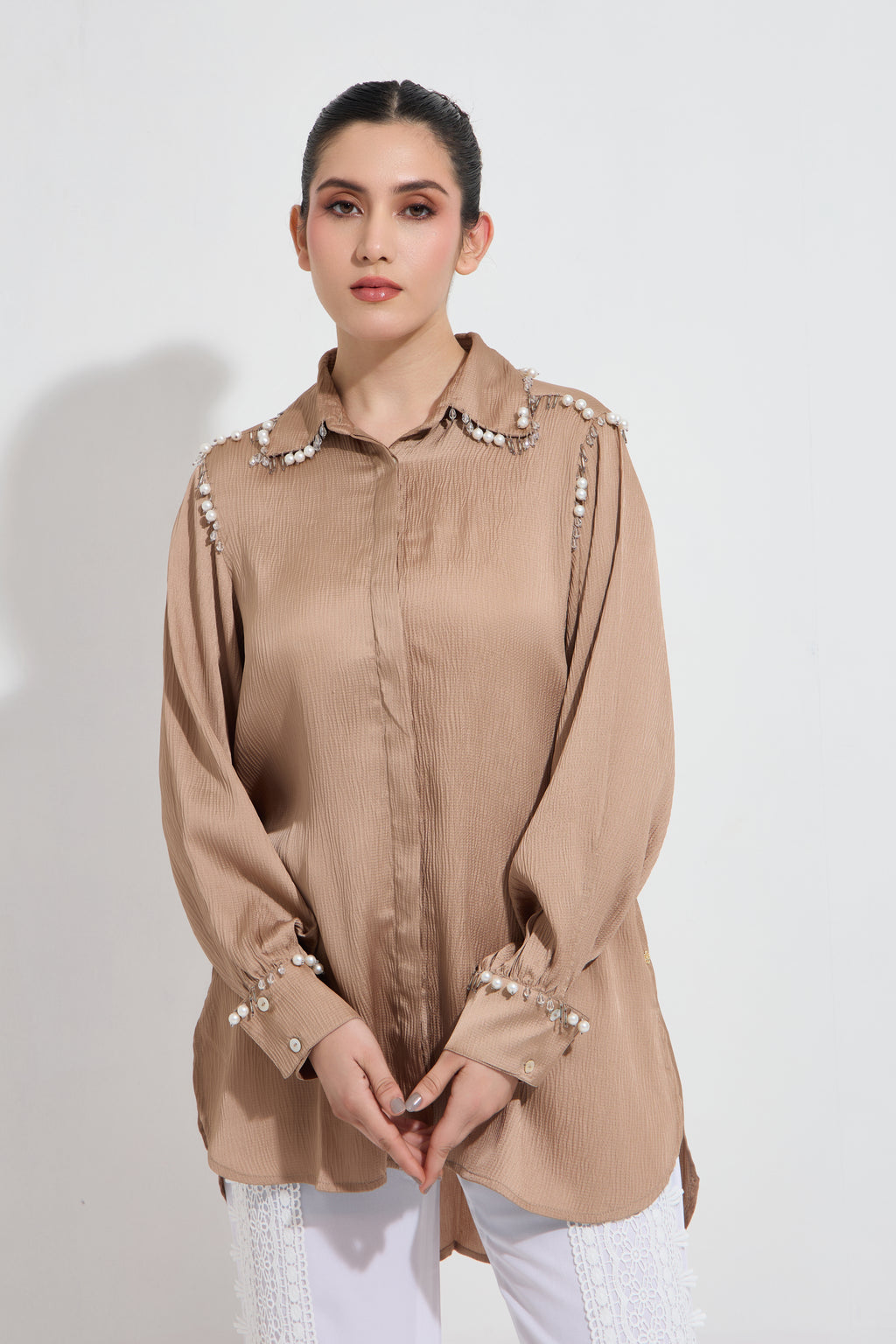 Hautedrops formal embroidered shirt — front view | Haus of Handmade