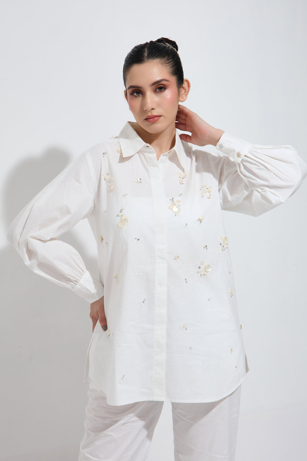 OYSTER embroidered cotton shirt — front view | Haus of Handmade