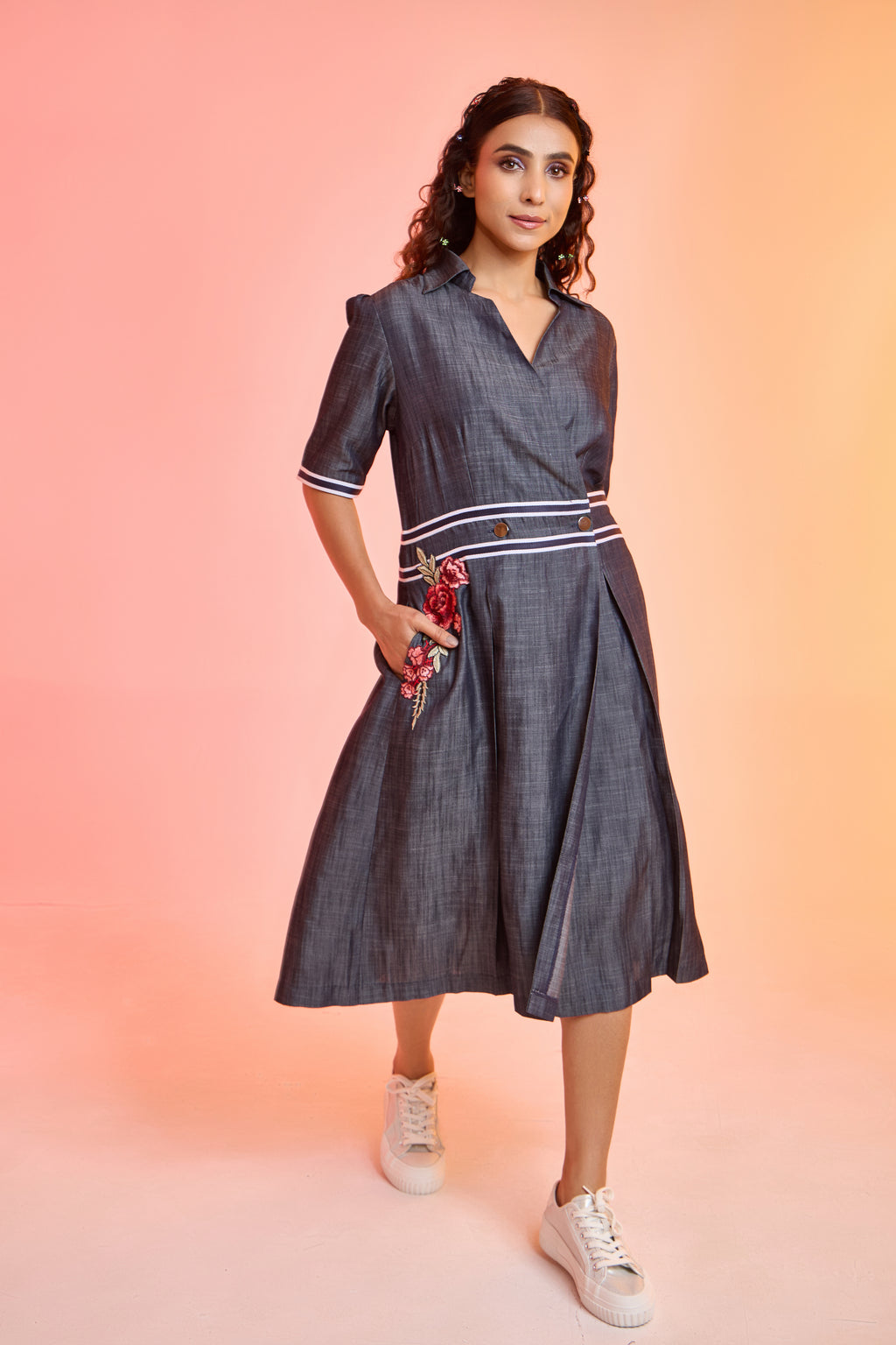 DENIMELLE formal denim dress — styled view | Haus of Handmade