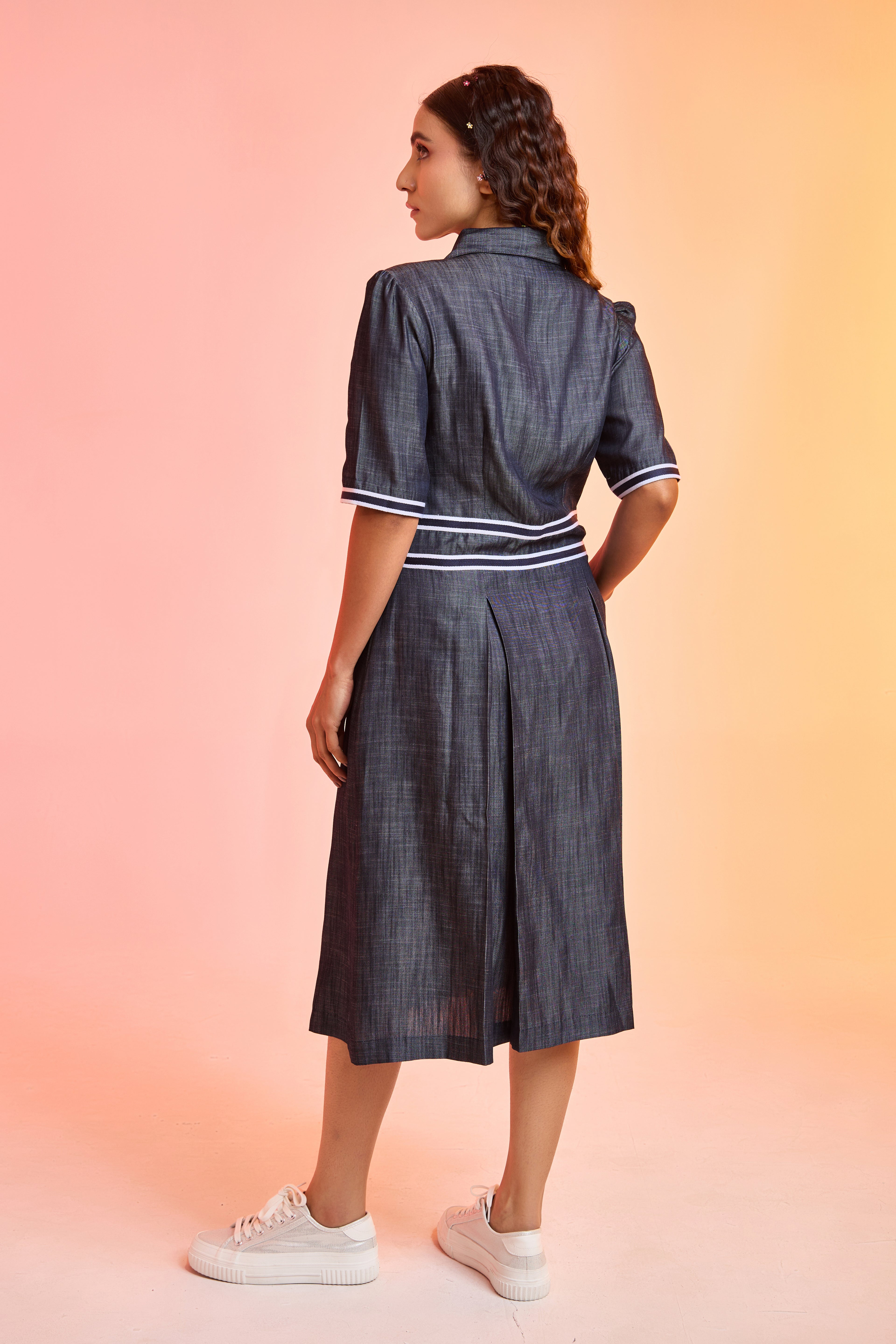 DENIMELLE formal denim dress — side view | Haus of Handmade